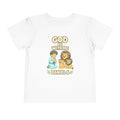 Daniel praying beside a lion and two cubs, God Is With Me Daniel 6 design on a White toddler T-Shirt