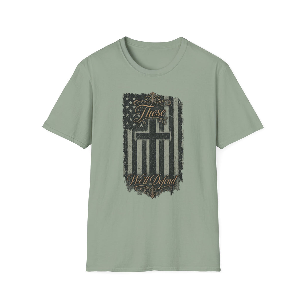 Christian Flag T-Shirt — "These Will Defend" Cross & American Flag Graphic