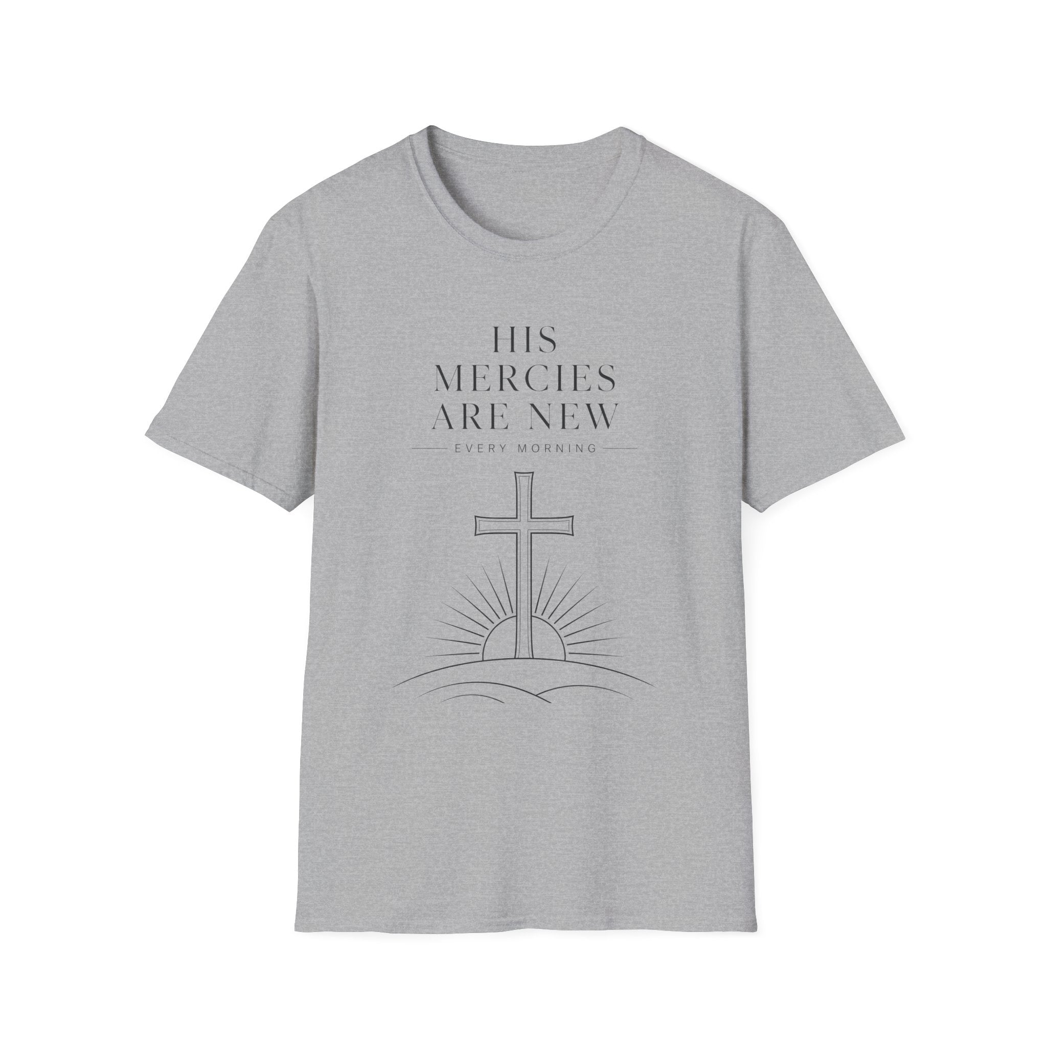 His Mercies Are New Tee — Christian Inspirational T-Shirt with Cross & Sunrise