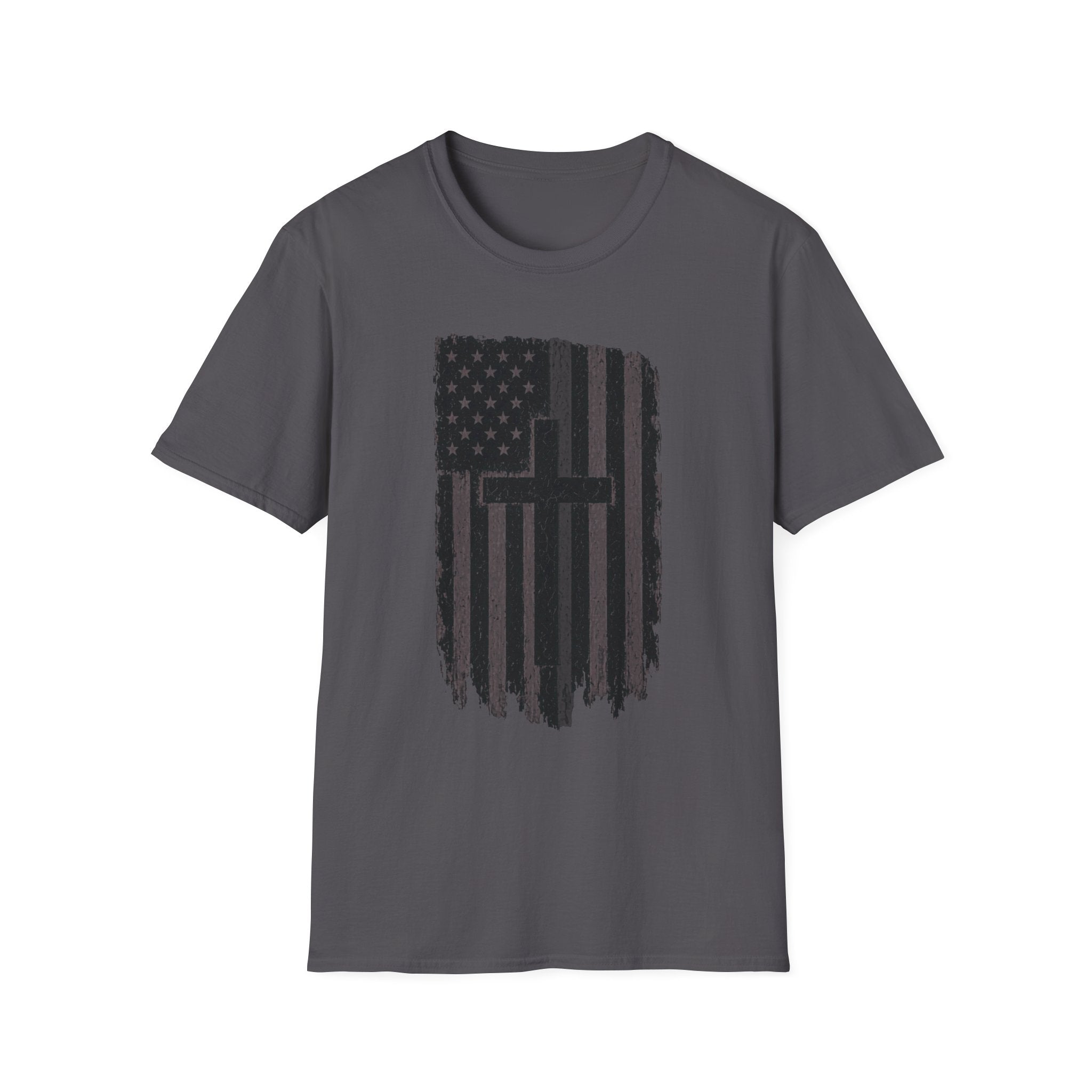 American Flag Cross Gray Line T-Shirt — Distressed Christian Patriotic Tee