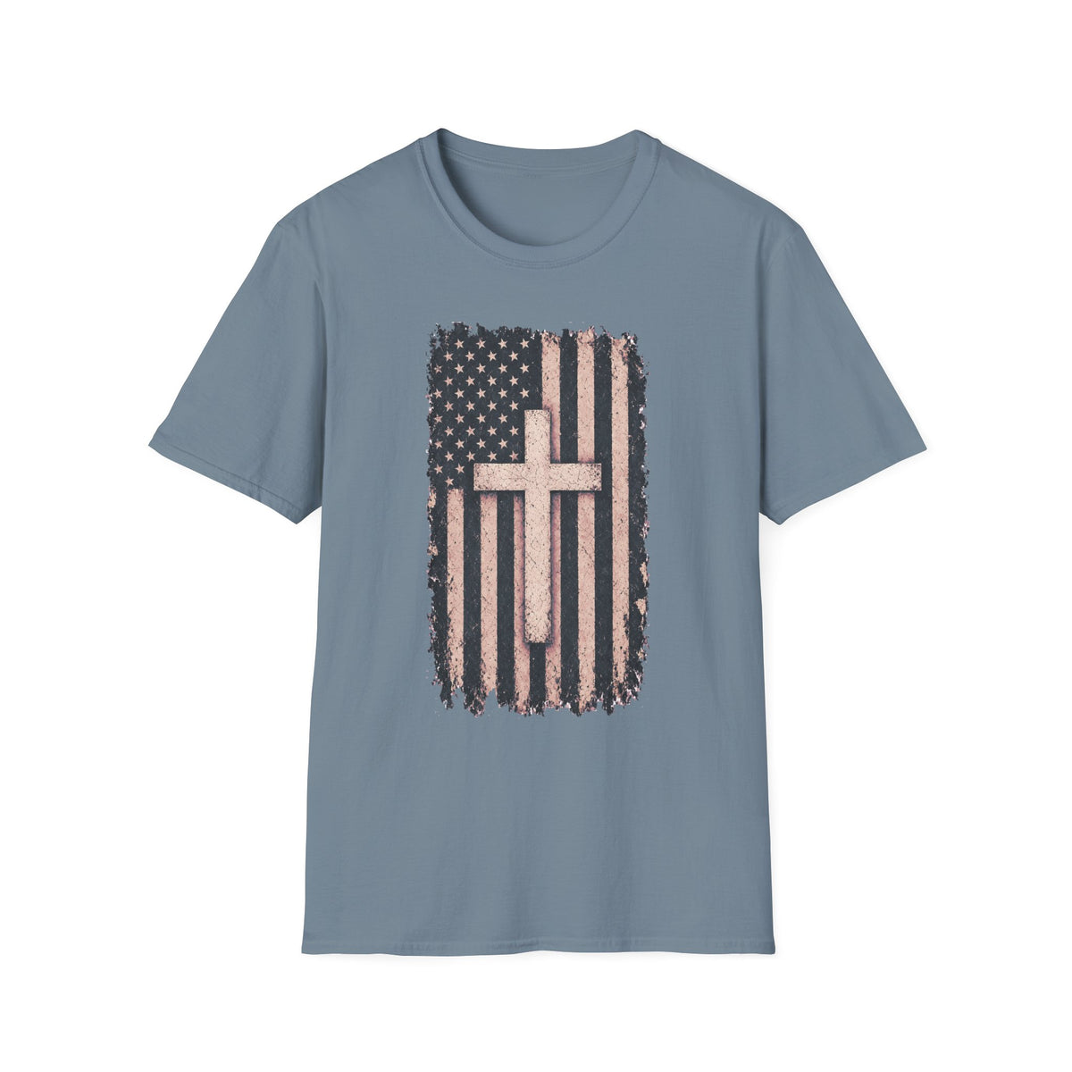 Faith & Freedom T-Shirt — Distressed American Flag with Cross Graphic