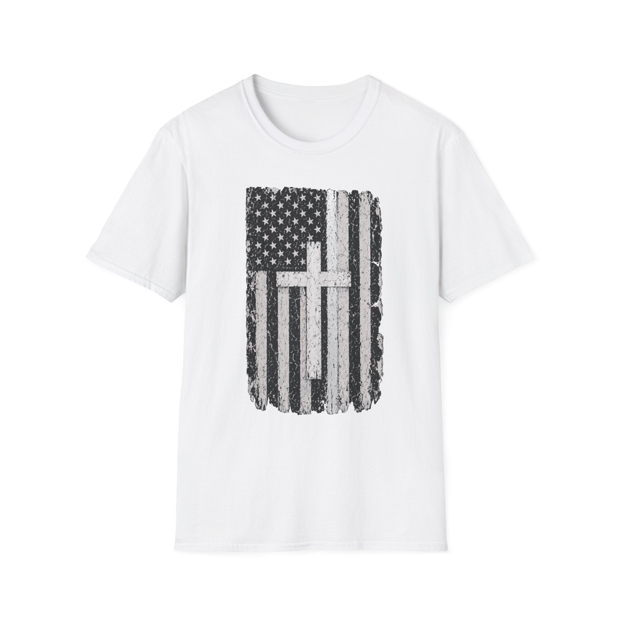 American Flag Cross Silver Line T-Shirt — Distressed Patriotic Christian Tee