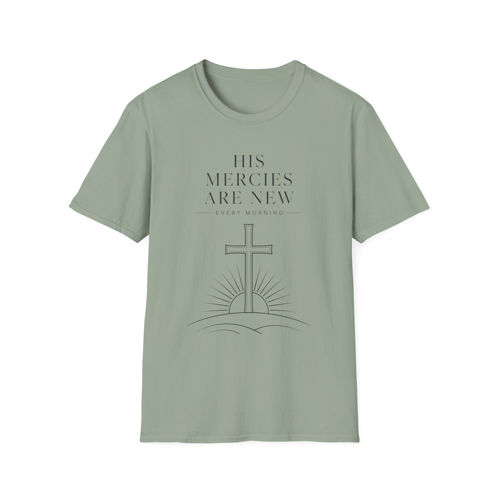 His Mercies Are New Tee — Christian Inspirational T-Shirt with Cross & Sunrise