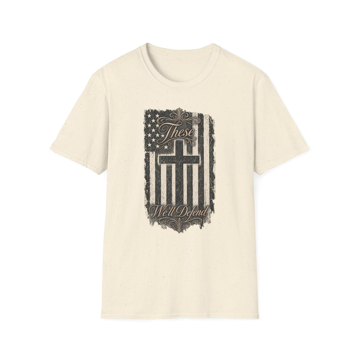 Christian Flag T-Shirt — "These Will Defend" Cross & American Flag Graphic