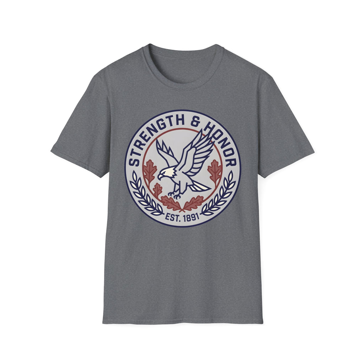Strength & Honor emblem of a landing eagle with oak leaves and laurel on a Graphite Heather unisex T-Shirt