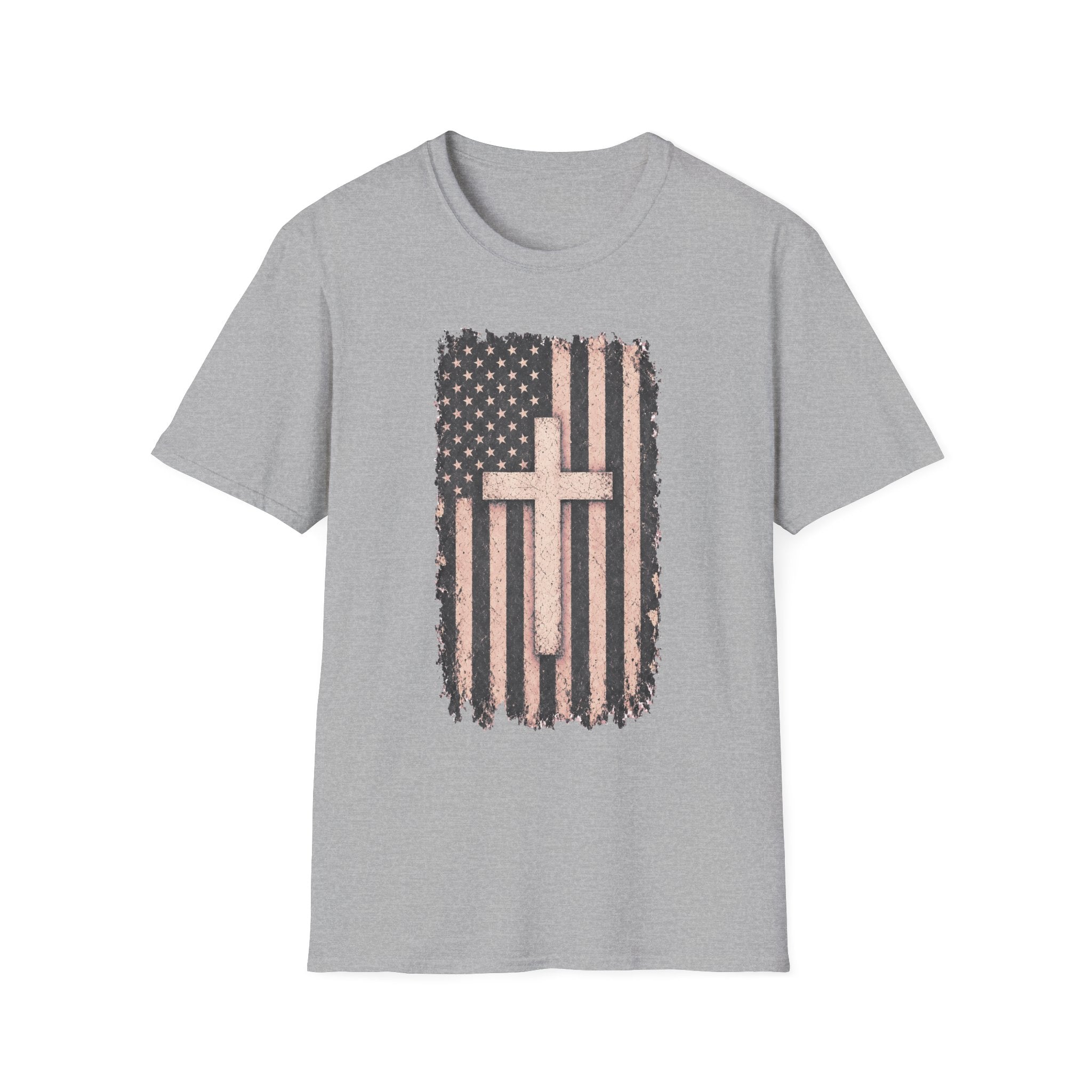 Faith & Freedom T-Shirt — Distressed American Flag with Cross Graphic