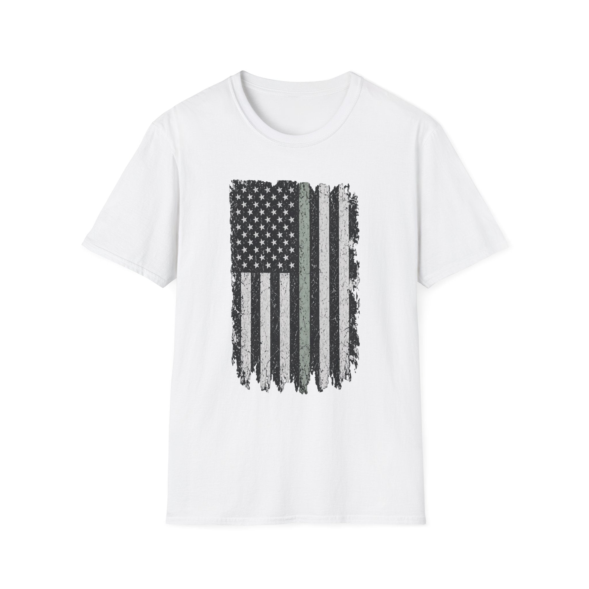 Distressed Thin Green Line American Flag T-Shirt — Supports Military and Similar Roles