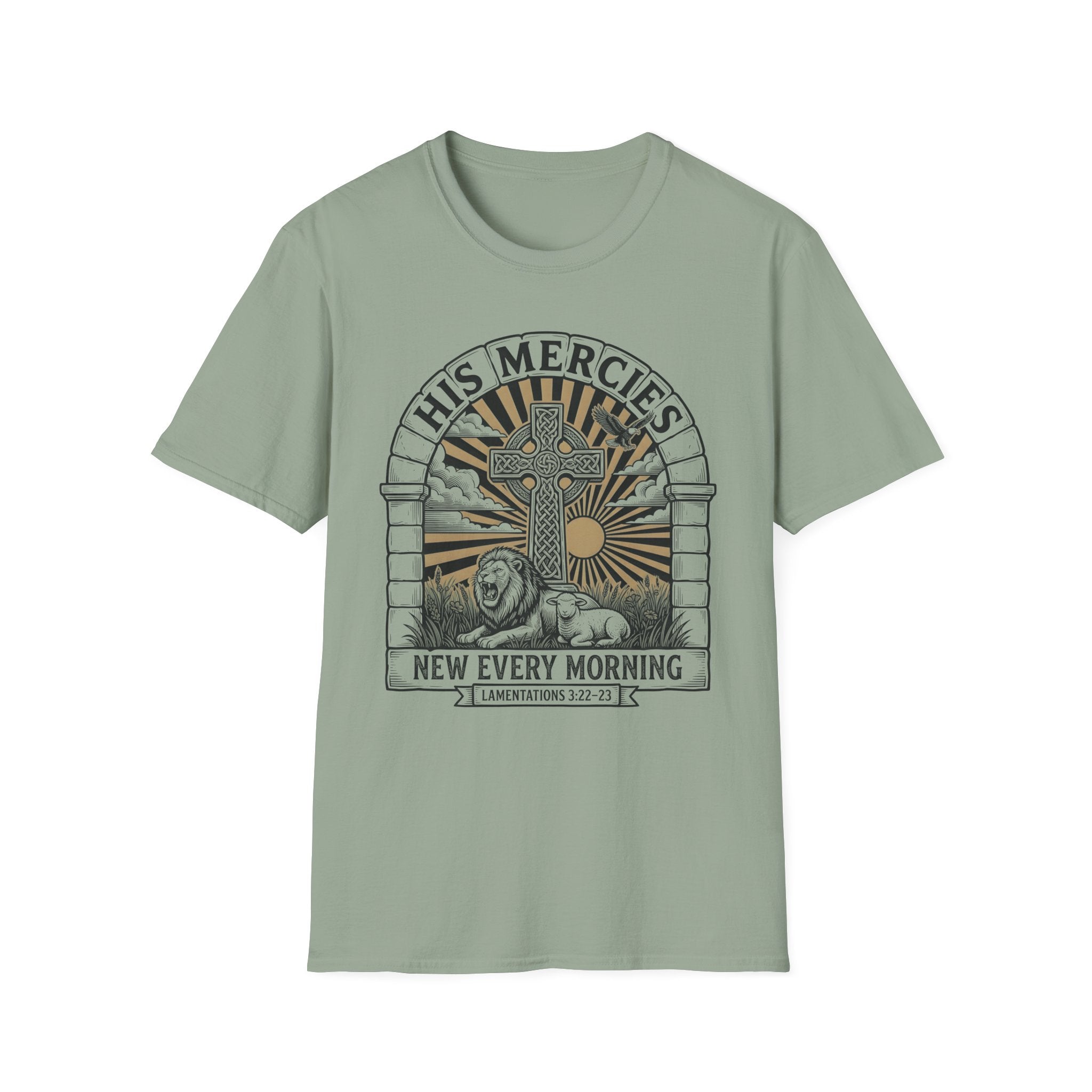 Christian T-Shirt — "His Mercies New Every Morning" Sunrise Cross Tee
