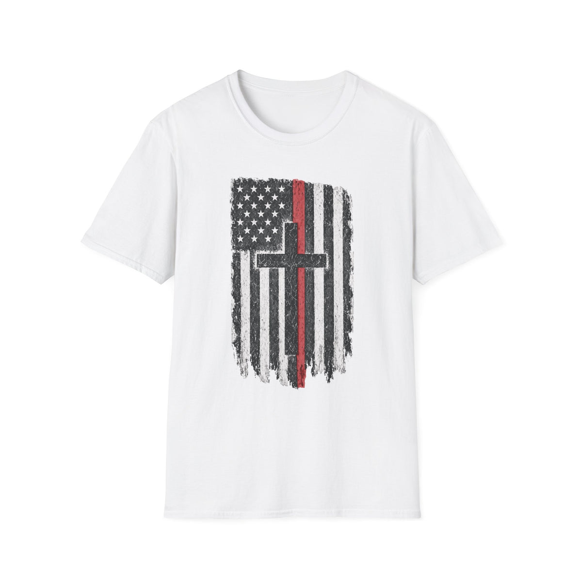Distressed Thin Red Line American Flag Cross T‑Shirt — Firefighter Tribute Tee
