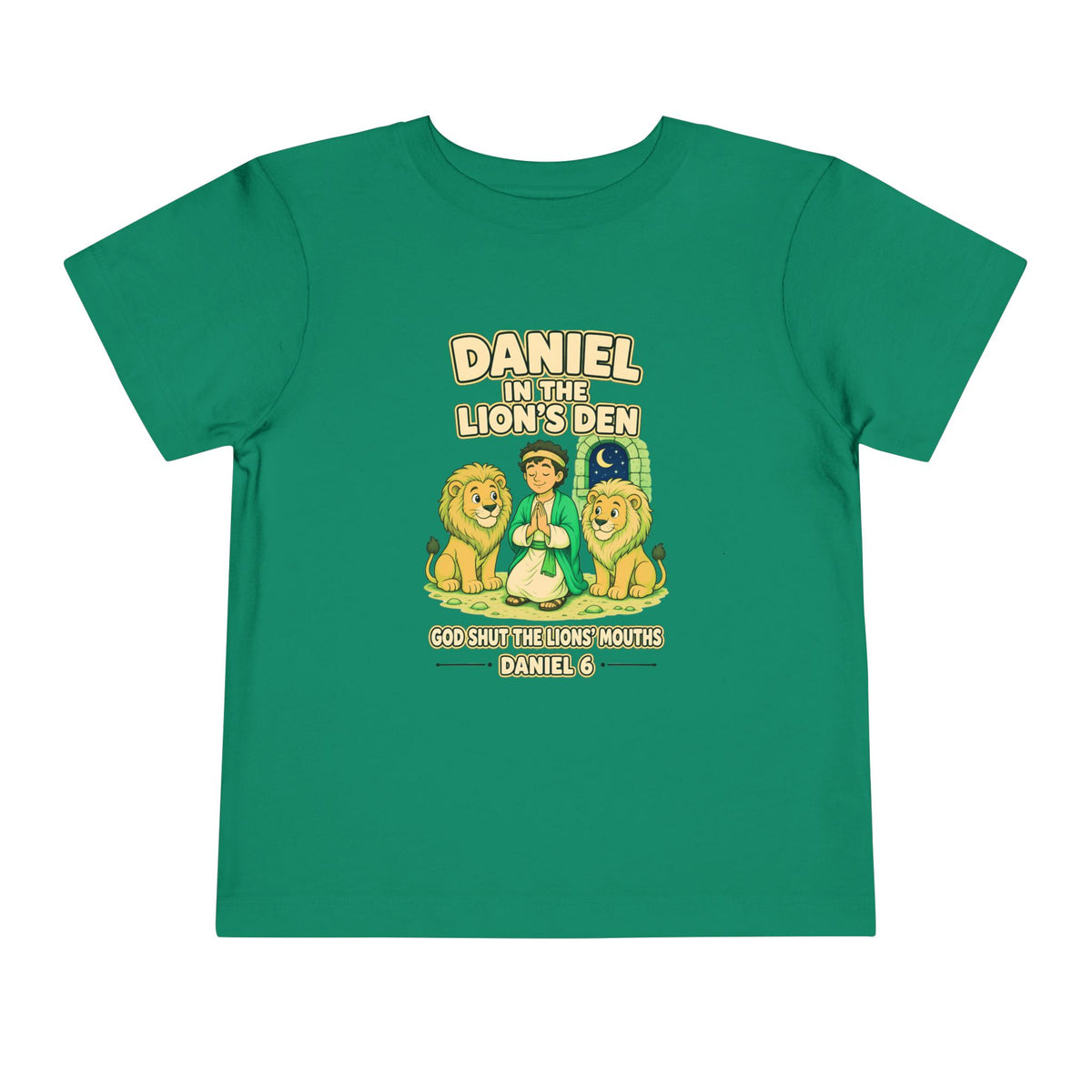 Daniel praying between two gentle lions under a crescent moon, God Shut the Lions' Mouths Daniel 6 design on a Kelly toddler T-Shirt