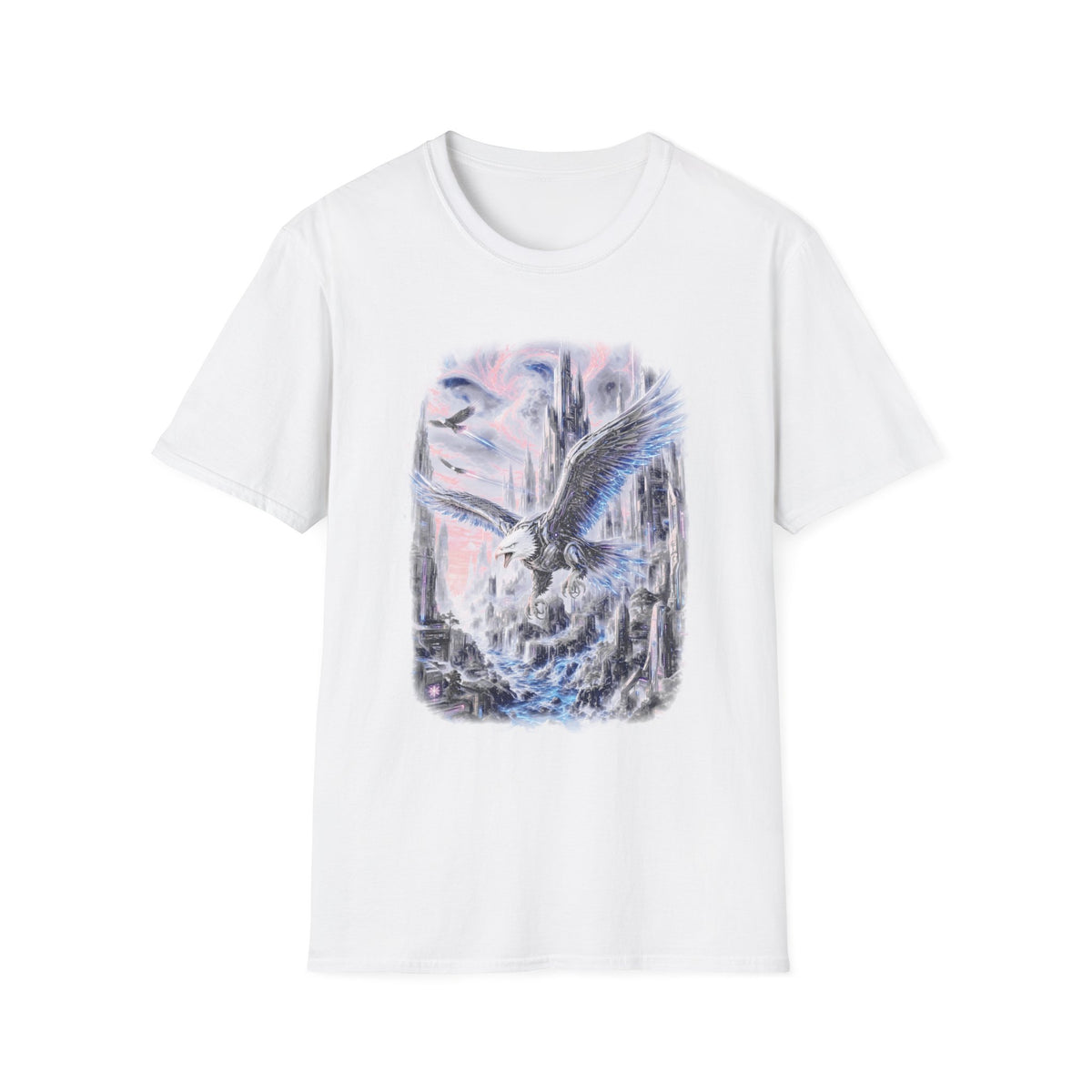Ethereal Angel Wings T-Shirt — Pastel Sky & Cityscape Graphic