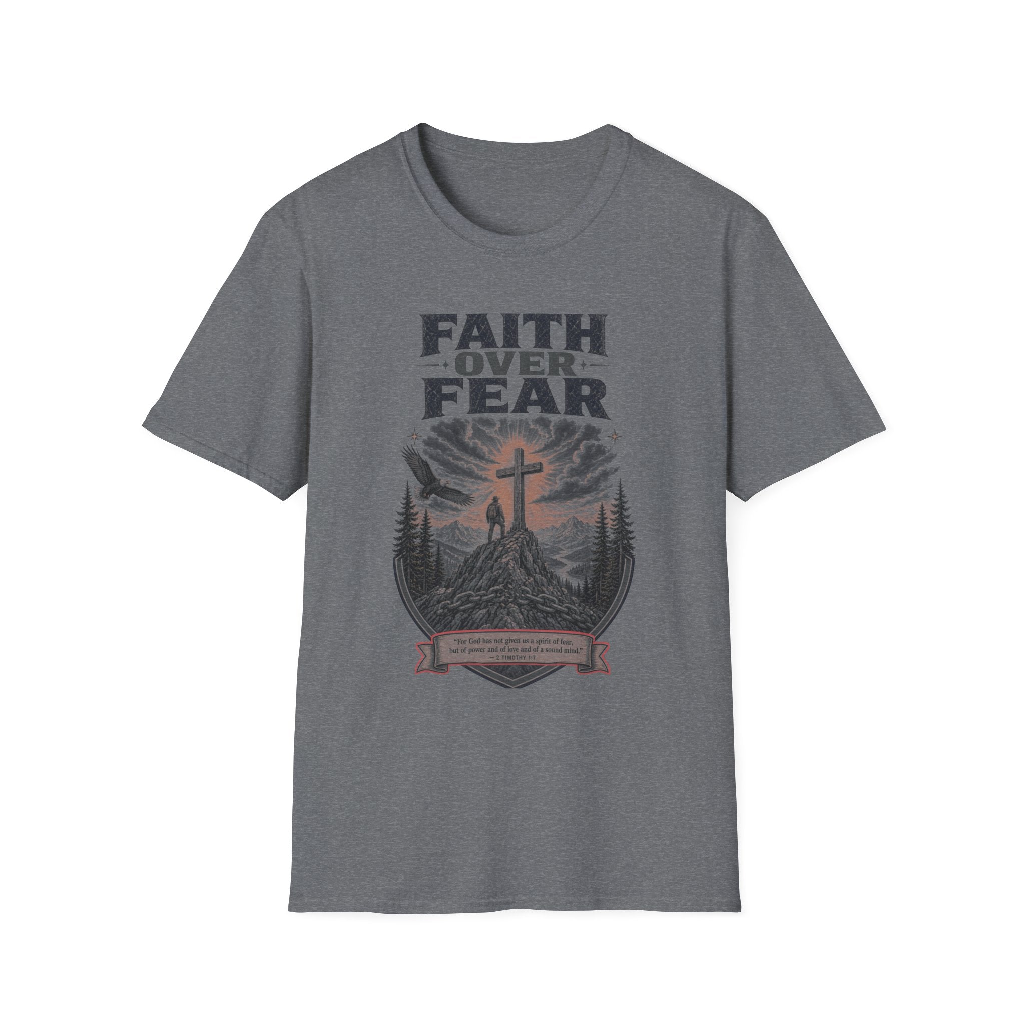Faith Over Fear T-Shirt — Christian Inspirational Crew Tee with Cross & Mountain Design