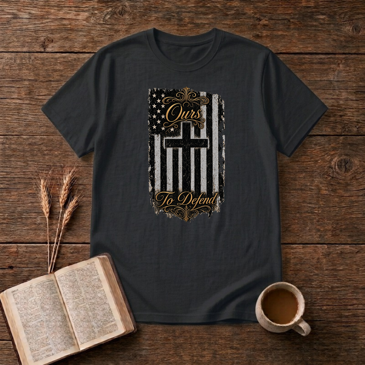 Ours To Defend Distressed Black and White American Flag Cross T-Shirt, Black, Lantrum