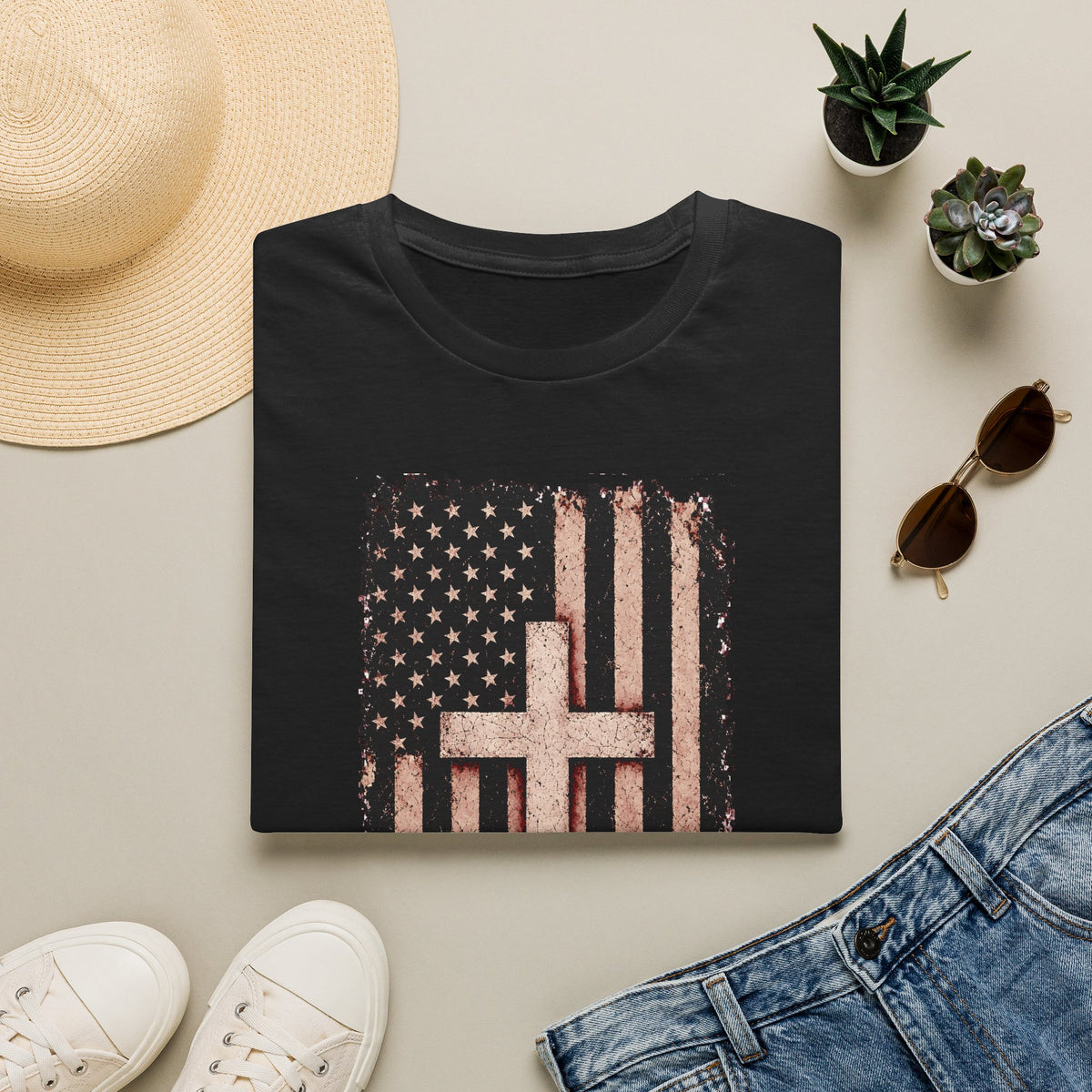Faith & Freedom T-Shirt — Distressed American Flag with Cross Graphic