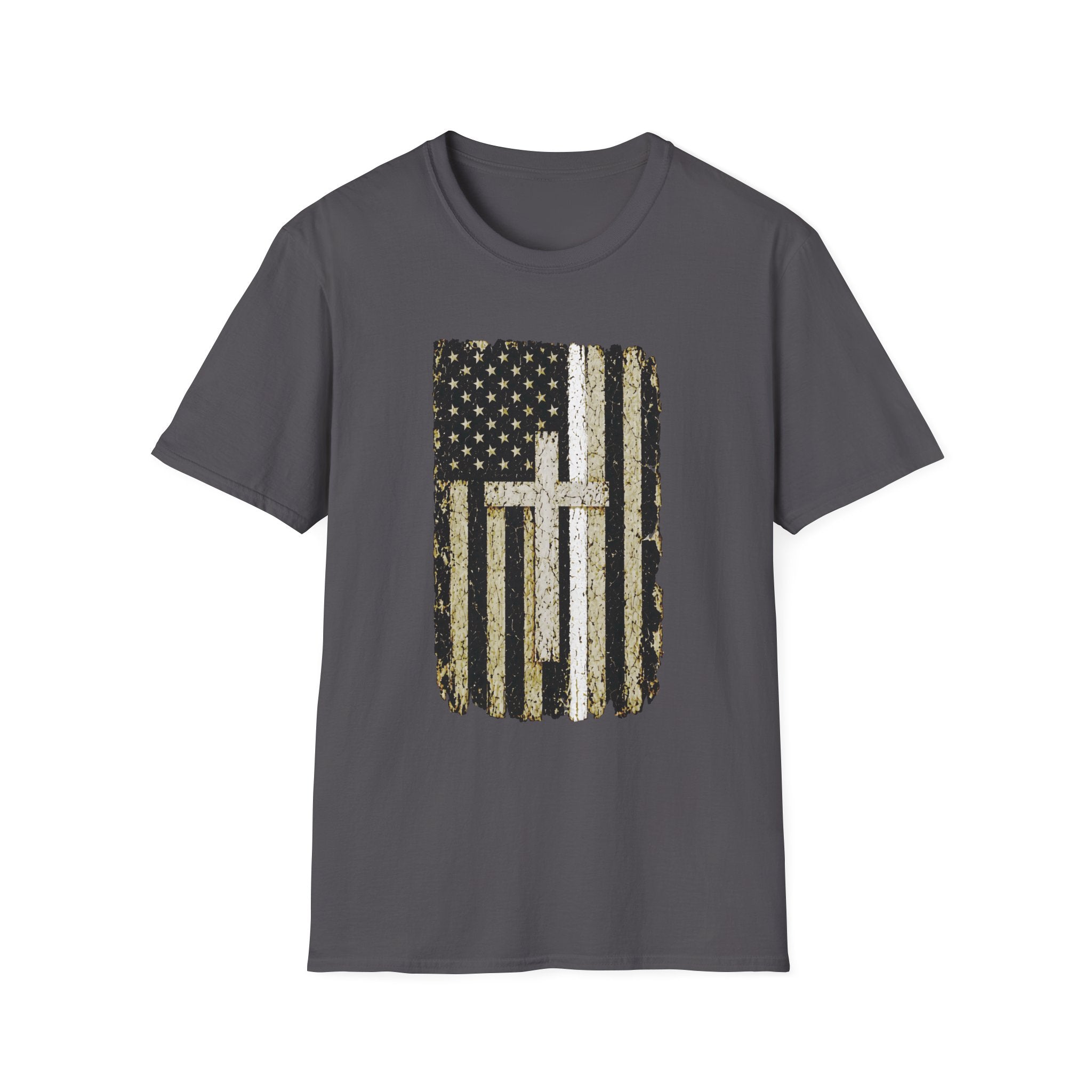 Distressed Thin White Line American Flag Cross T-Shirt — Vintage USA Faith Tee
