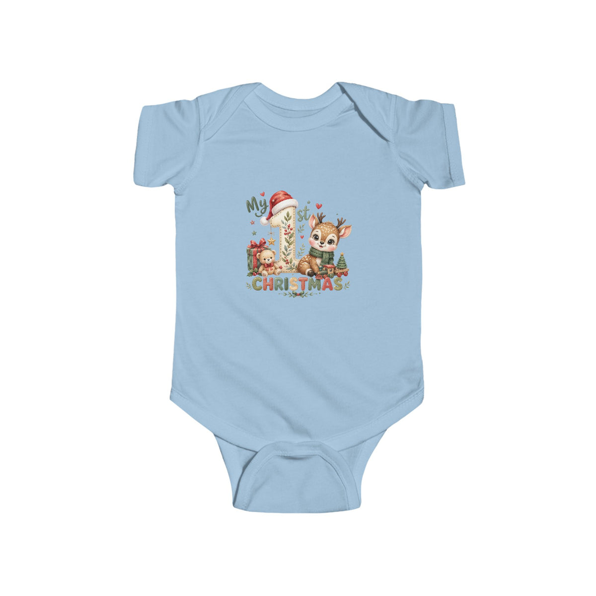 My 1st Christmas reindeer and Santa-hat number 1 design on a Light Blue baby bodysuit
