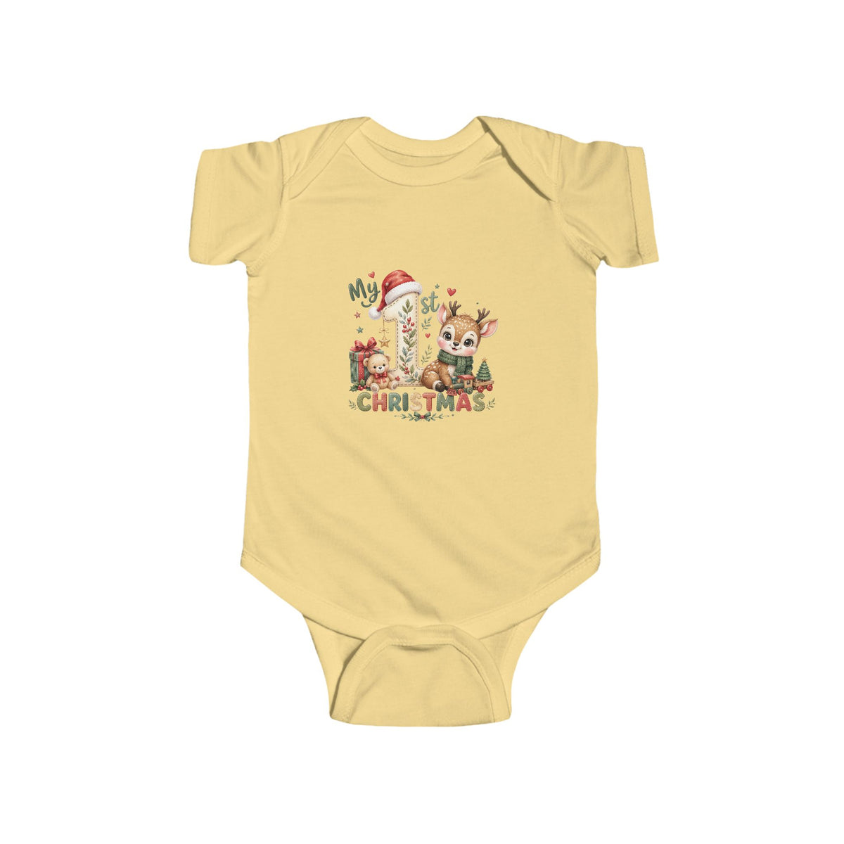 My 1st Christmas reindeer and Santa-hat number 1 design on a Butter baby bodysuit