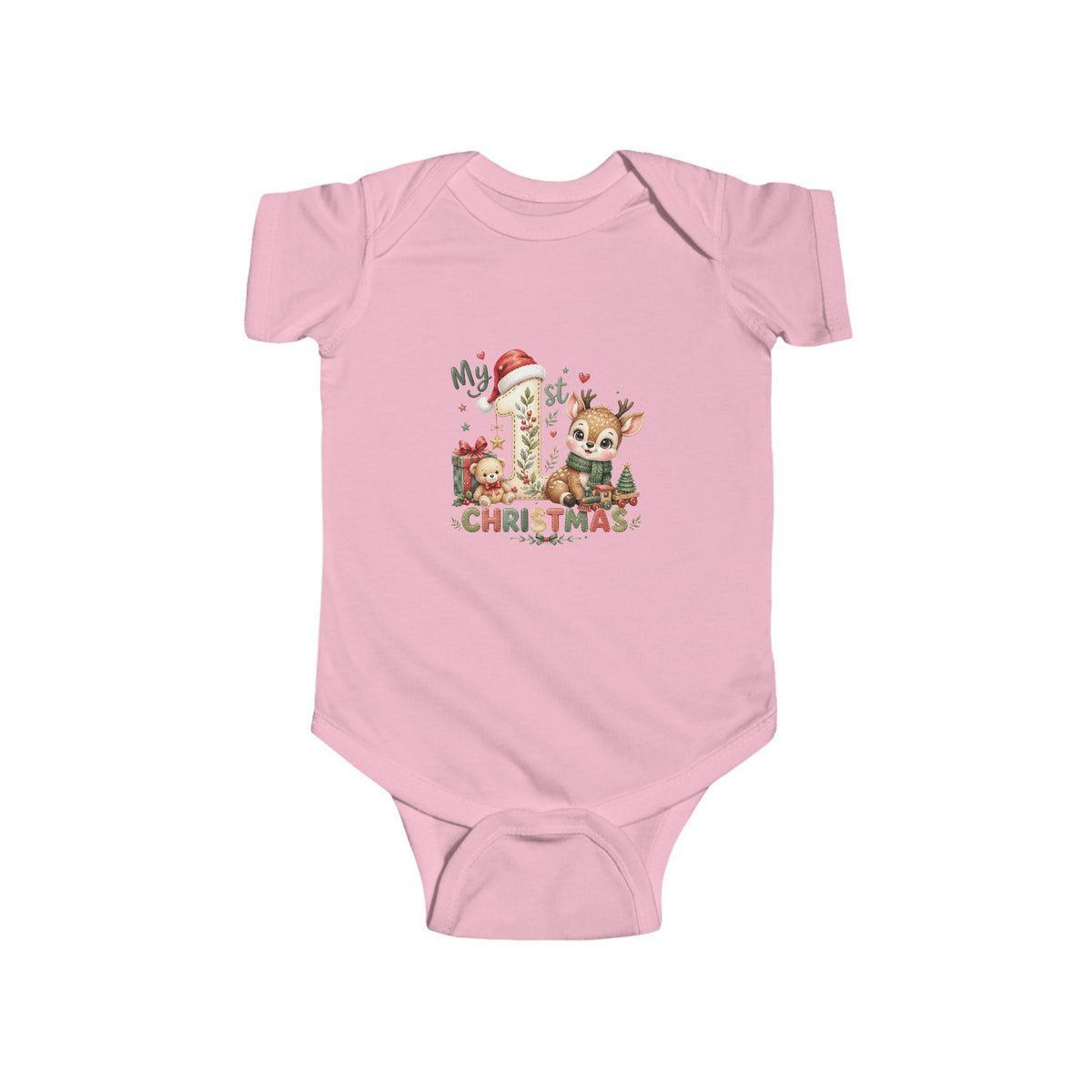 My 1st Christmas reindeer and Santa-hat number 1 design on a Pink baby bodysuit