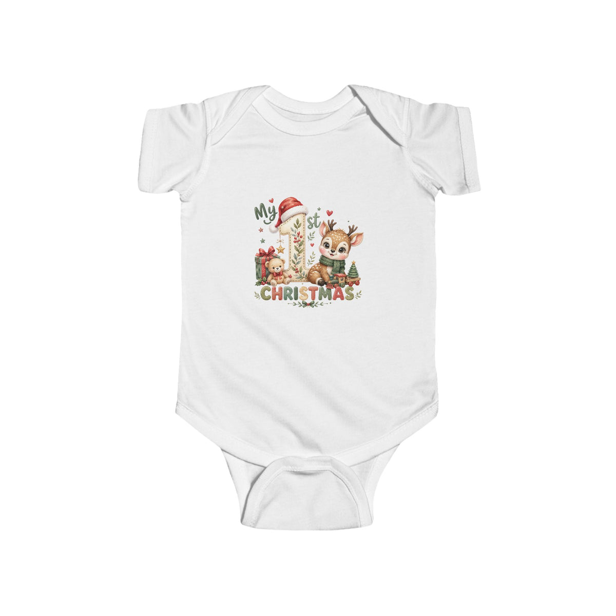 My 1st Christmas reindeer and Santa-hat number 1 design on a White baby bodysuit