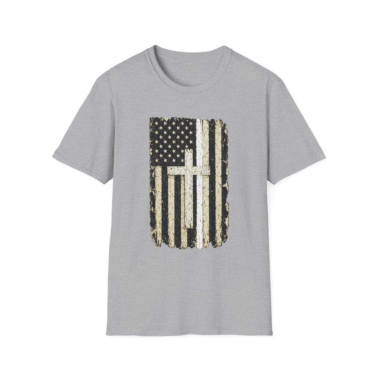 Distressed Thin White Line American Flag Cross T-Shirt — Vintage USA Faith Tee