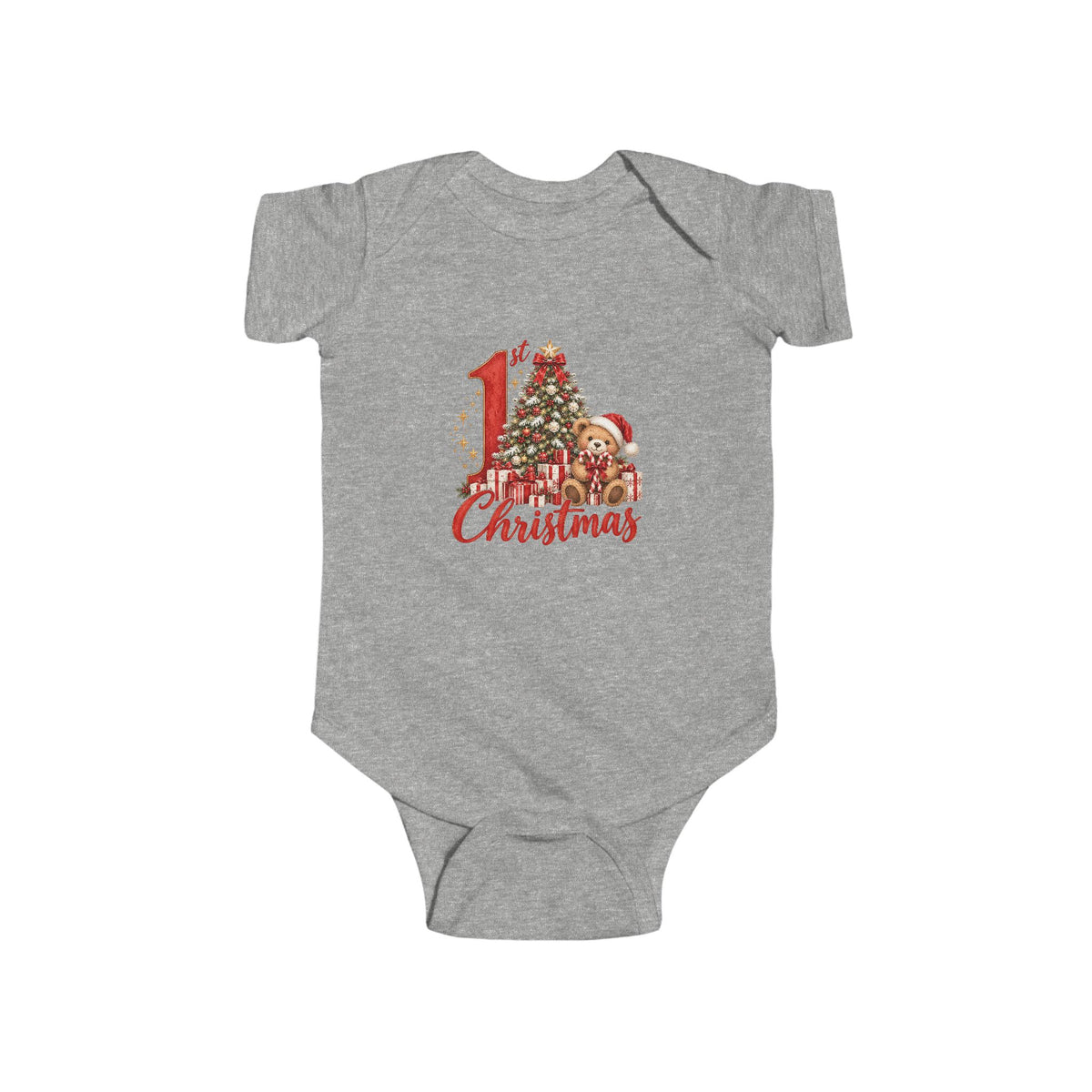 My 1st Christmas teddy bear and Christmas tree design on a Heather baby bodysuit