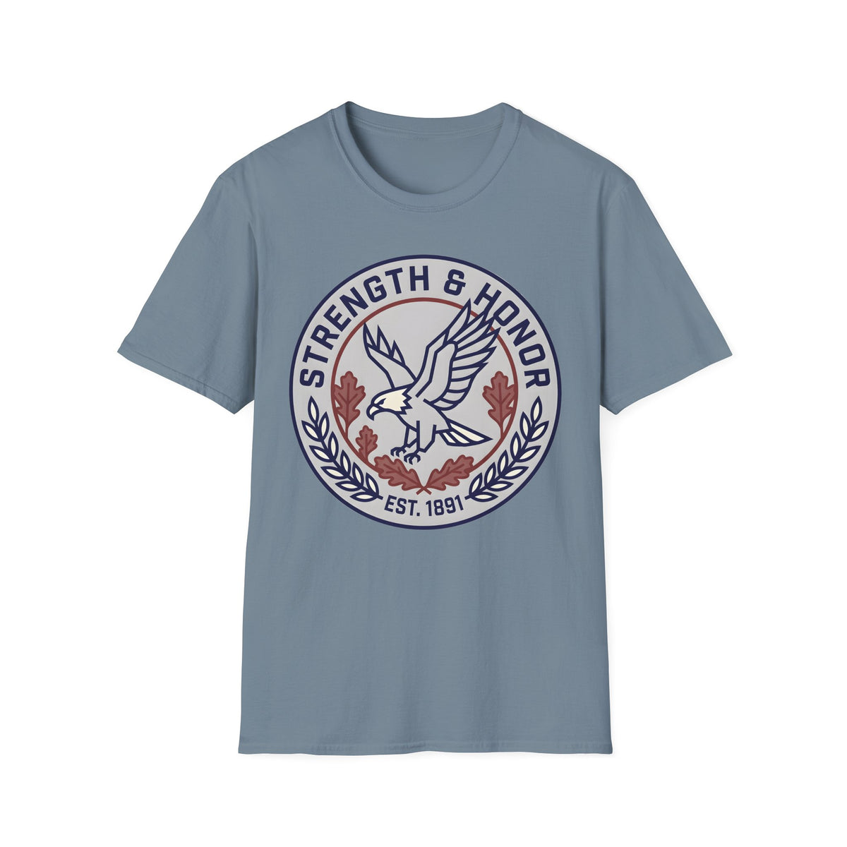 Strength & Honor emblem of a landing eagle with oak leaves and laurel on a Stone Blue unisex T-Shirt