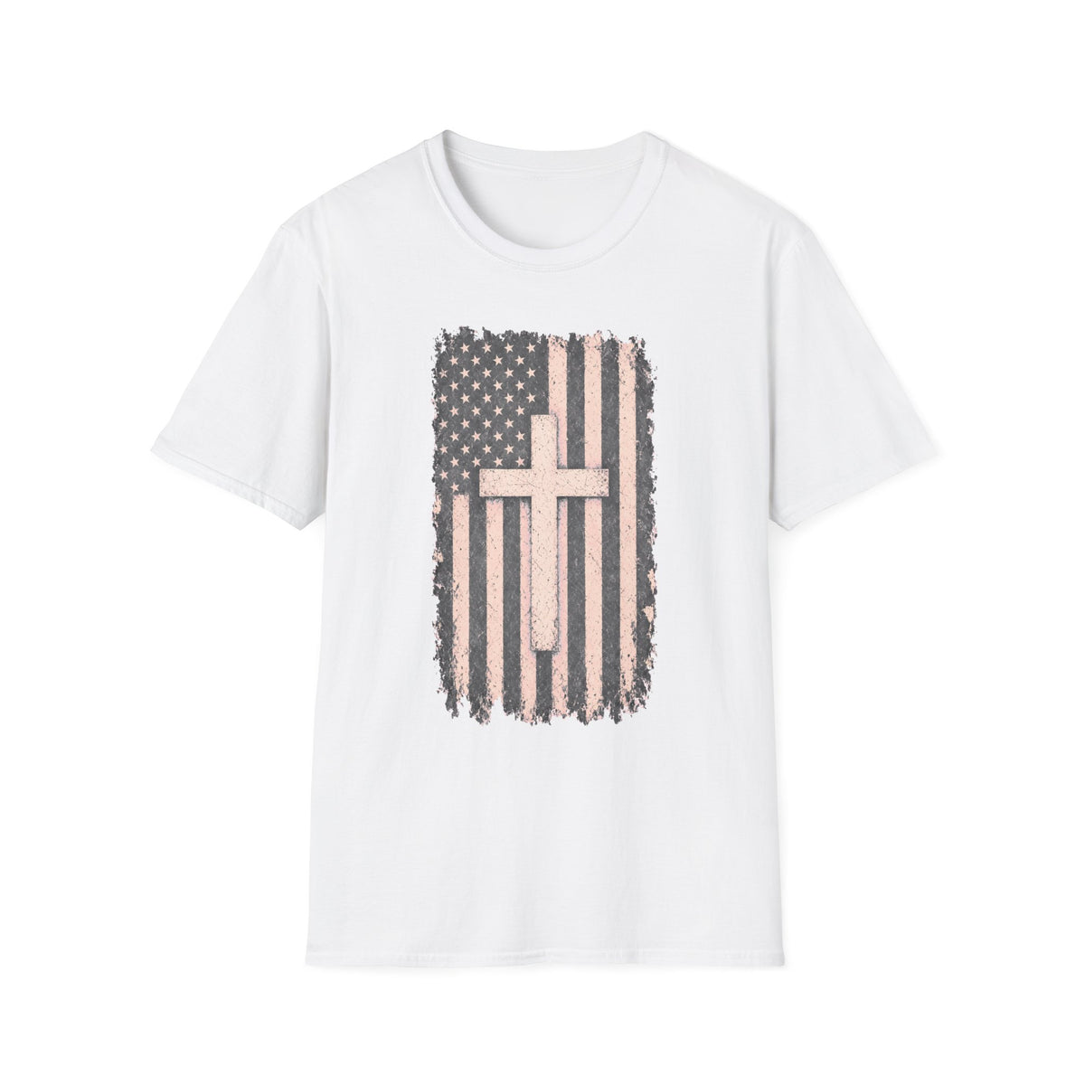Faith & Freedom T-Shirt — Distressed American Flag with Cross Graphic