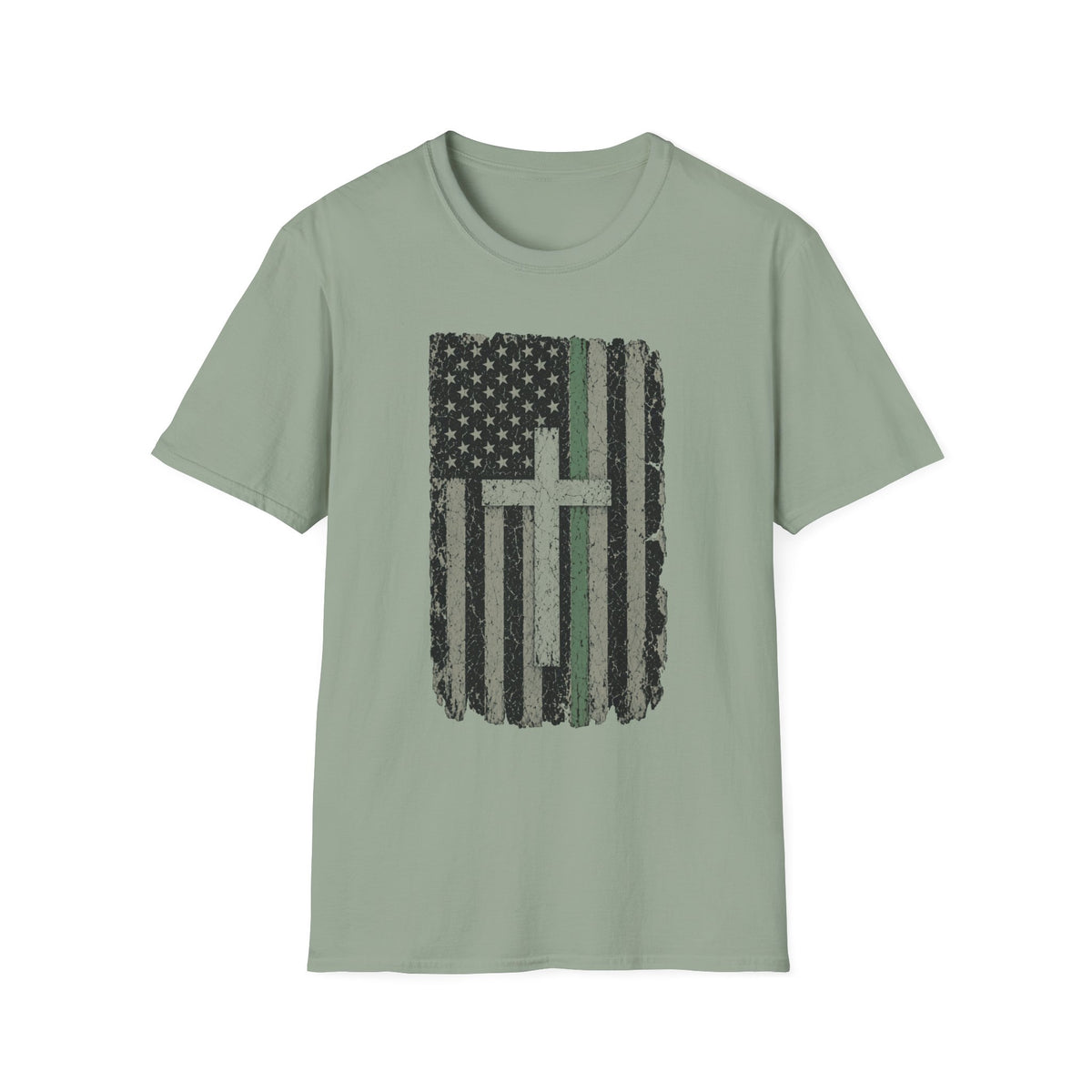 Christian Flag American Green Line Flag T-Shirt — Distressed Cross Patriotic Tee