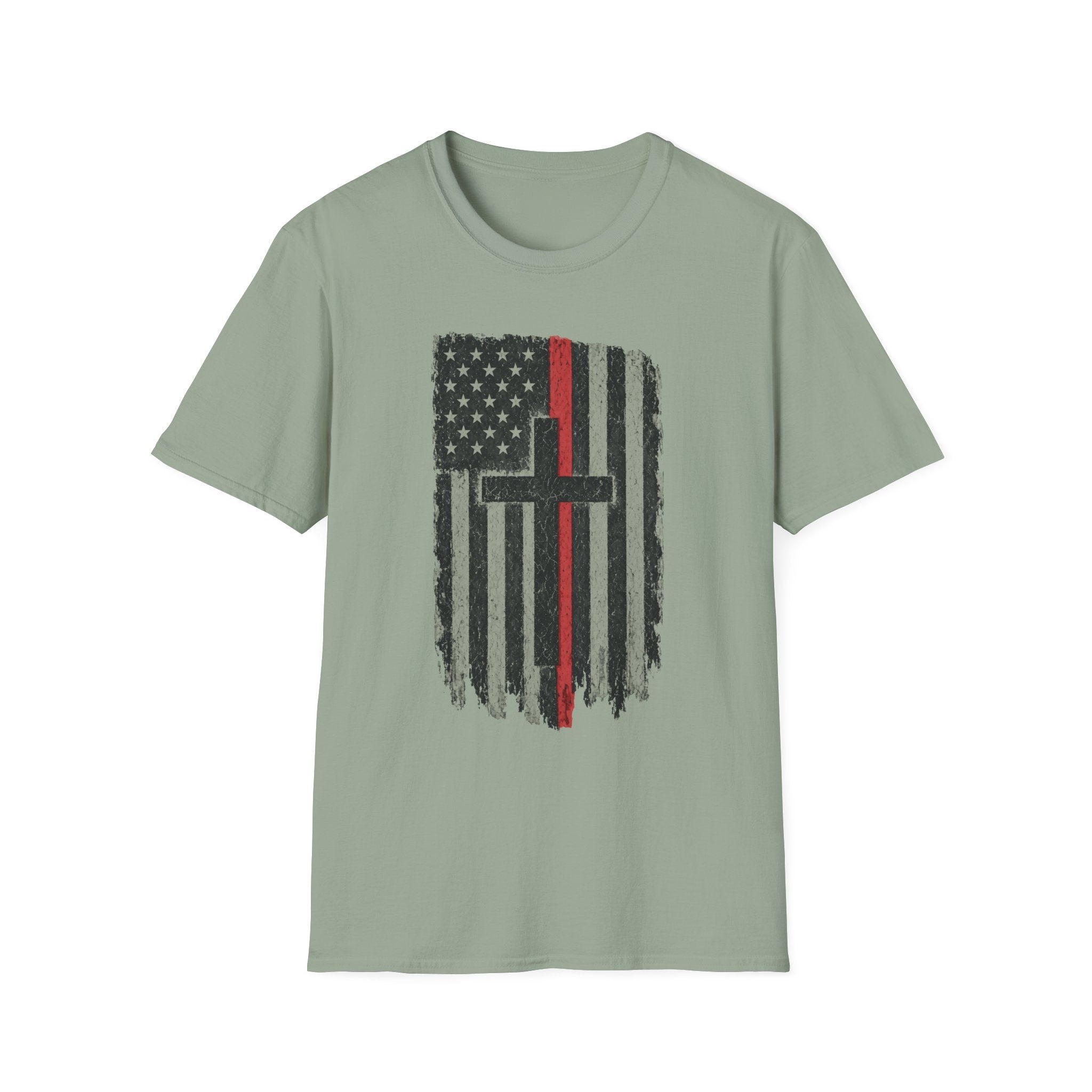 Distressed Thin Red Line American Flag Cross T‑Shirt — Firefighter Tribute Tee