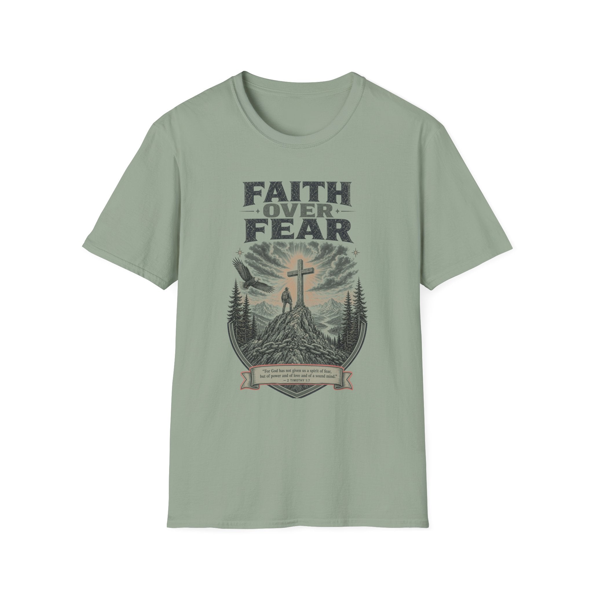 Faith Over Fear T-Shirt — Christian Inspirational Crew Tee with Cross & Mountain Design