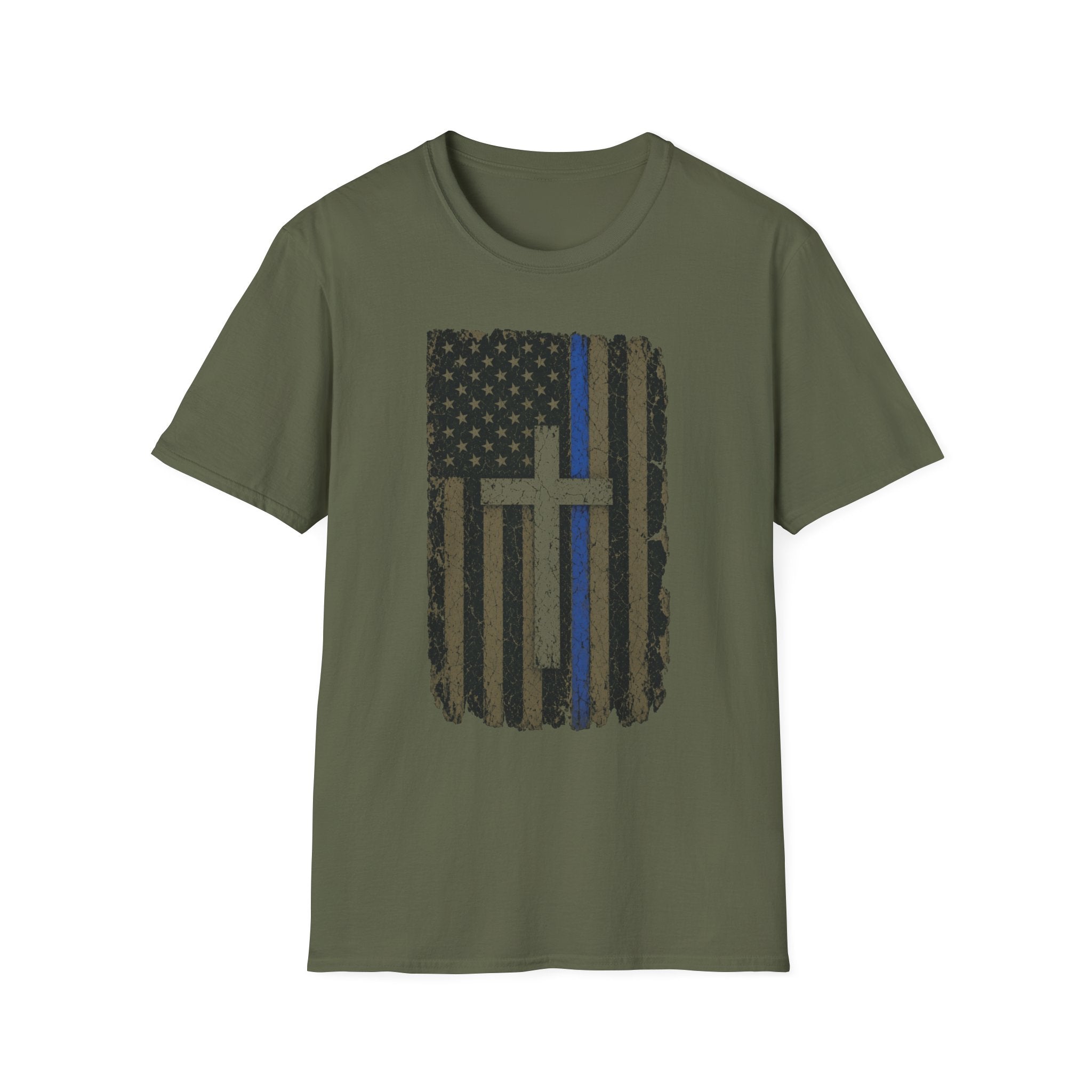 Thin Blue Line American Flag T-Shirt with Cross — Christian Police Support Tee