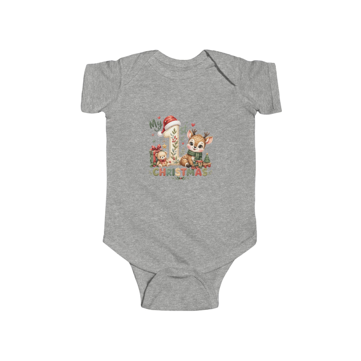 My 1st Christmas reindeer and Santa-hat number 1 design on a Heather baby bodysuit
