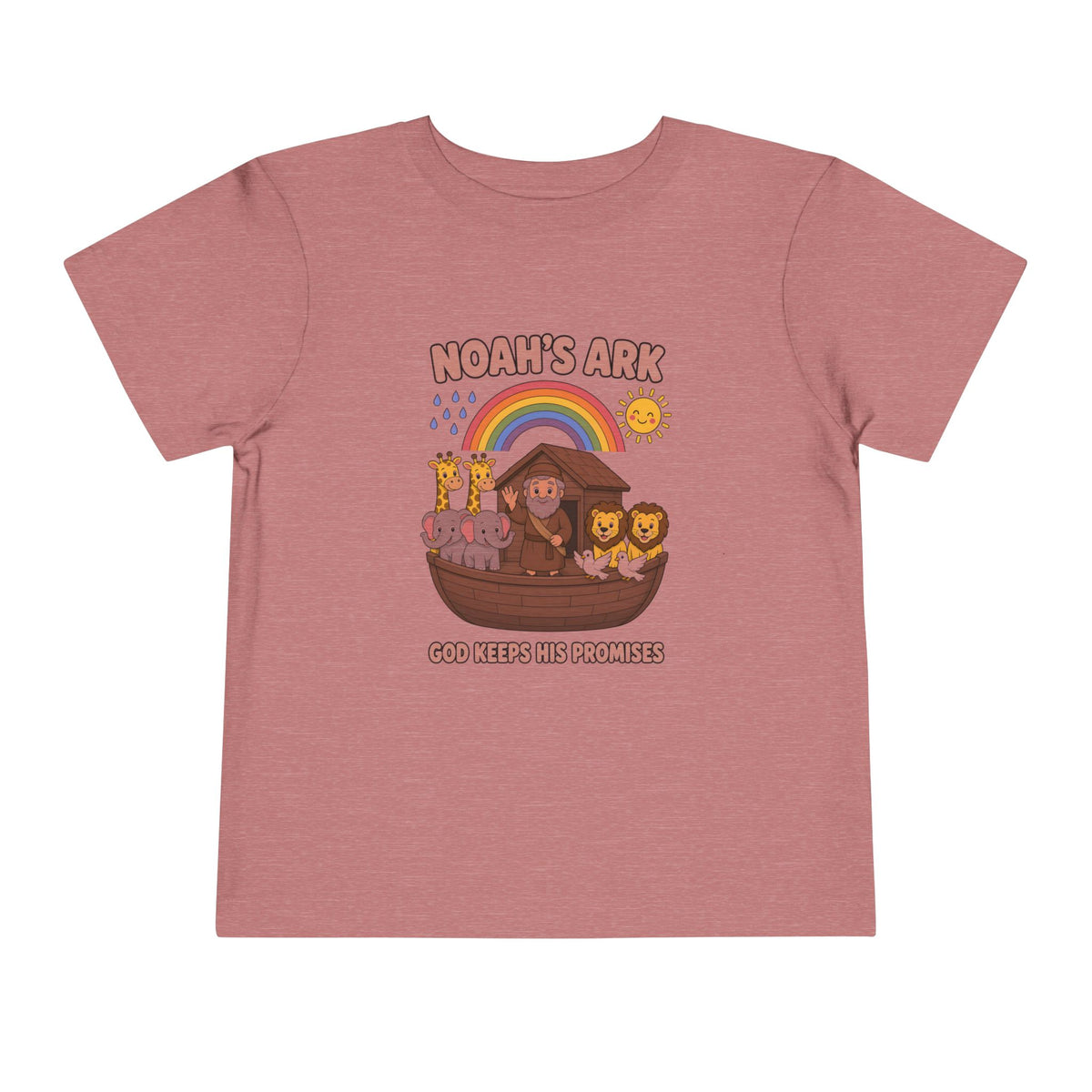 Noah waving from the ark with giraffes, elephants, lions and doves under a rainbow, Noah's Ark God Keeps His Promises design on a Heather Mauve toddler T-Shirt