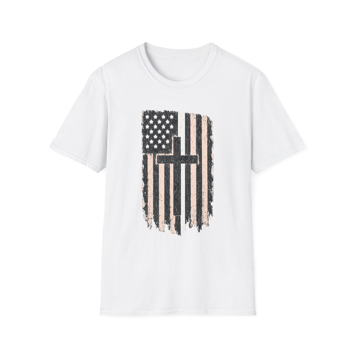 Christian Flag T-Shirt — Distressed American White Line Flag with Cross Graphic