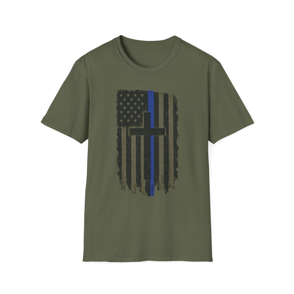 Thin Blue Line Flag T-Shirt with Cross — Police Support Christian Tee