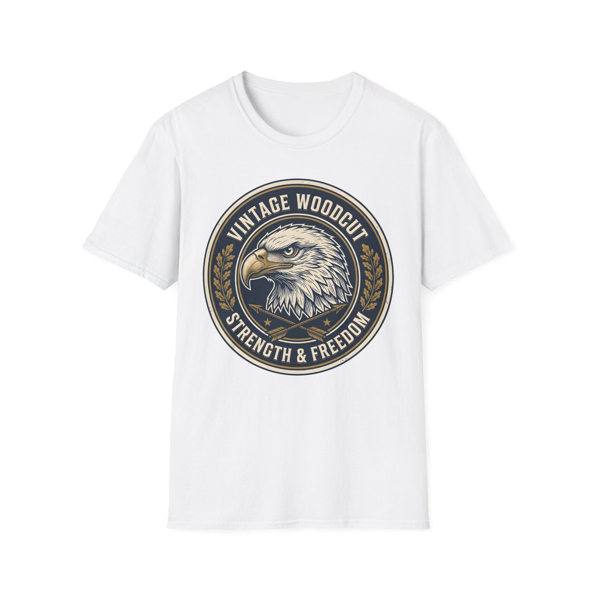 Strength & Freedom vintage woodcut emblem of a bald eagle with crossed arrows on a White unisex T-Shirt