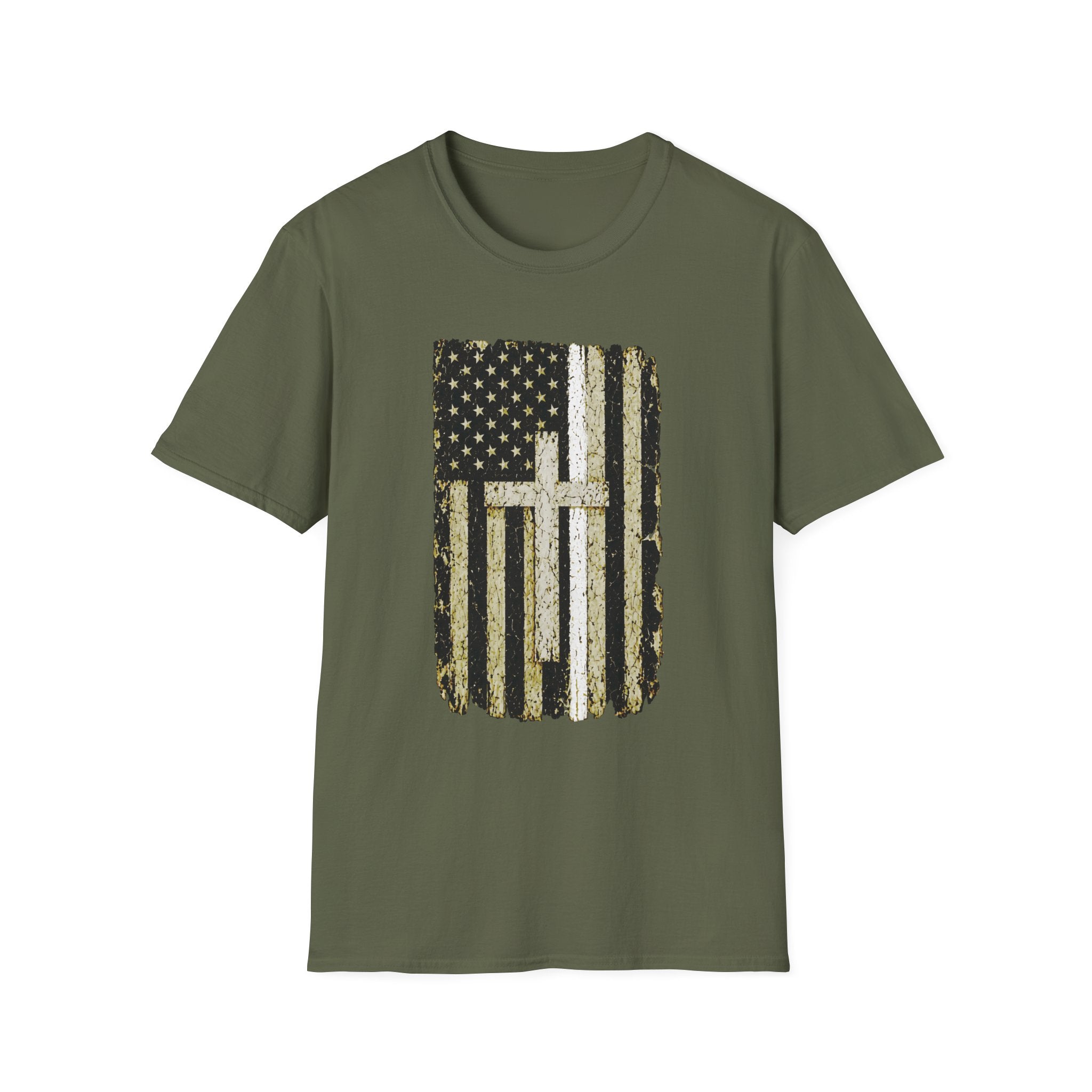 Distressed Thin White Line American Flag Cross T-Shirt — Vintage USA Faith Tee
