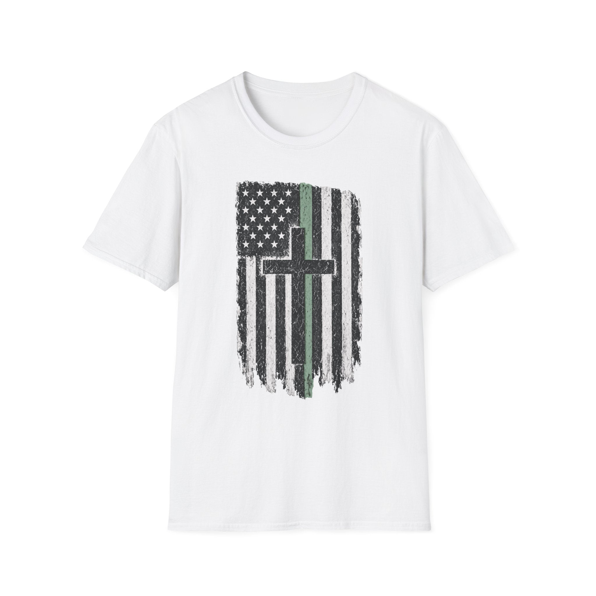 Distressed Green Line Flag Cross T-Shirt — Thin Green Line American Flag Christian Tee
