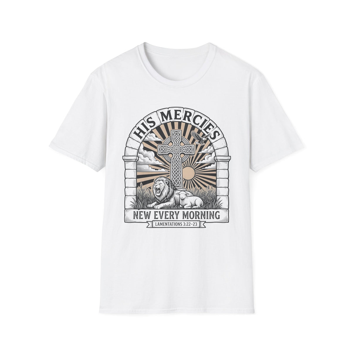 Christian T-Shirt — "His Mercies New Every Morning" Sunrise Cross Tee