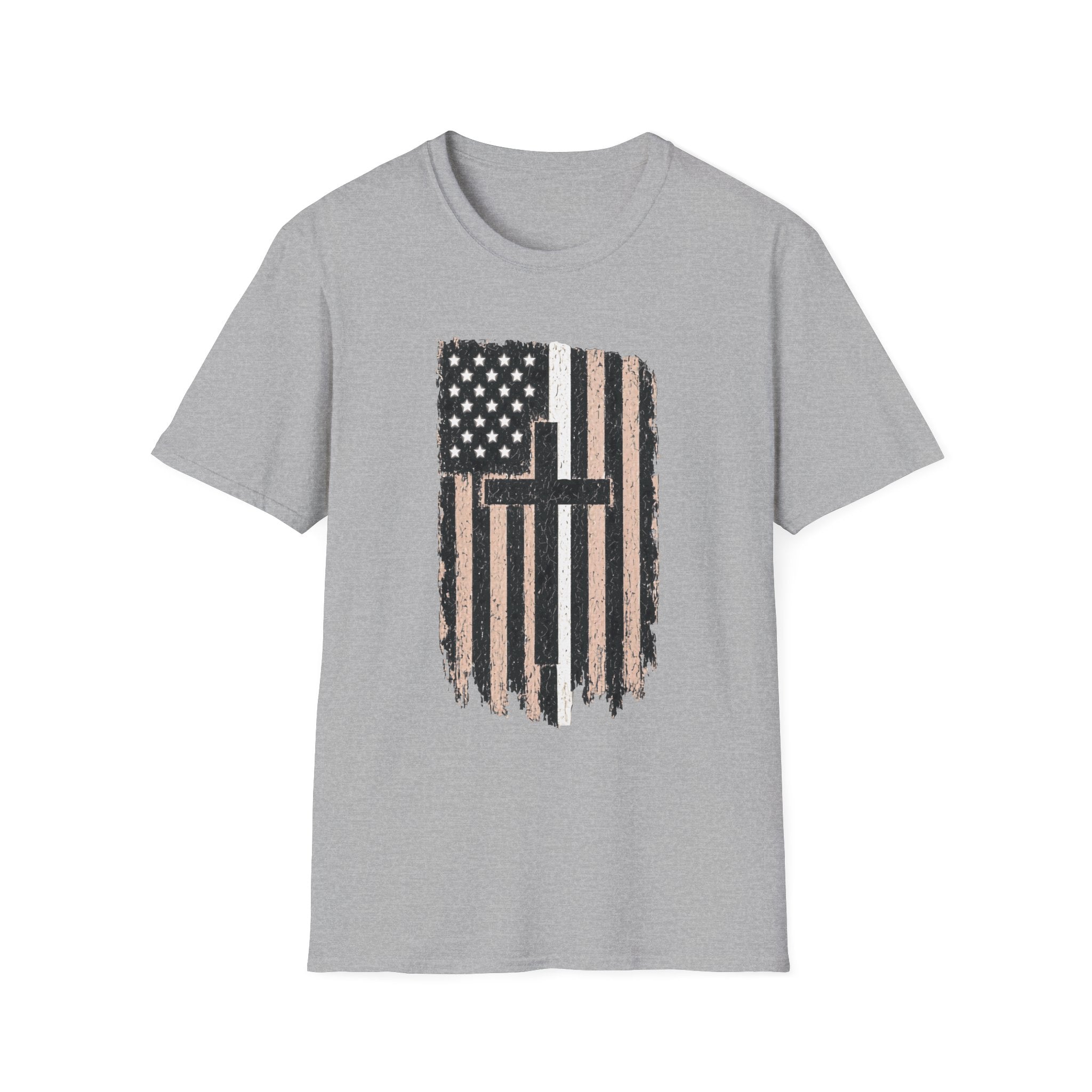 Christian Flag T-Shirt — Distressed American White Line Flag with Cross Graphic