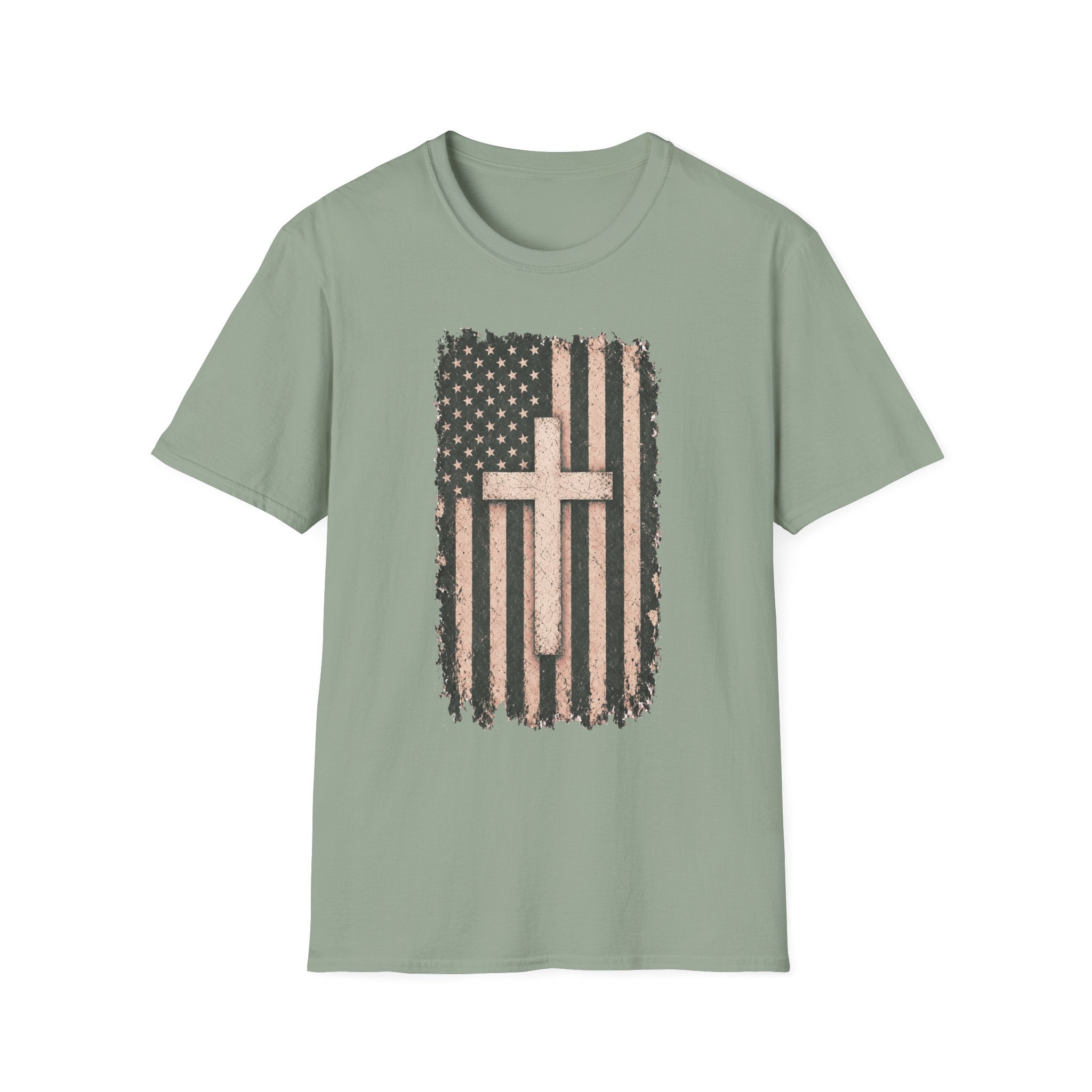 Faith & Freedom T-Shirt — Distressed American Flag with Cross Graphic