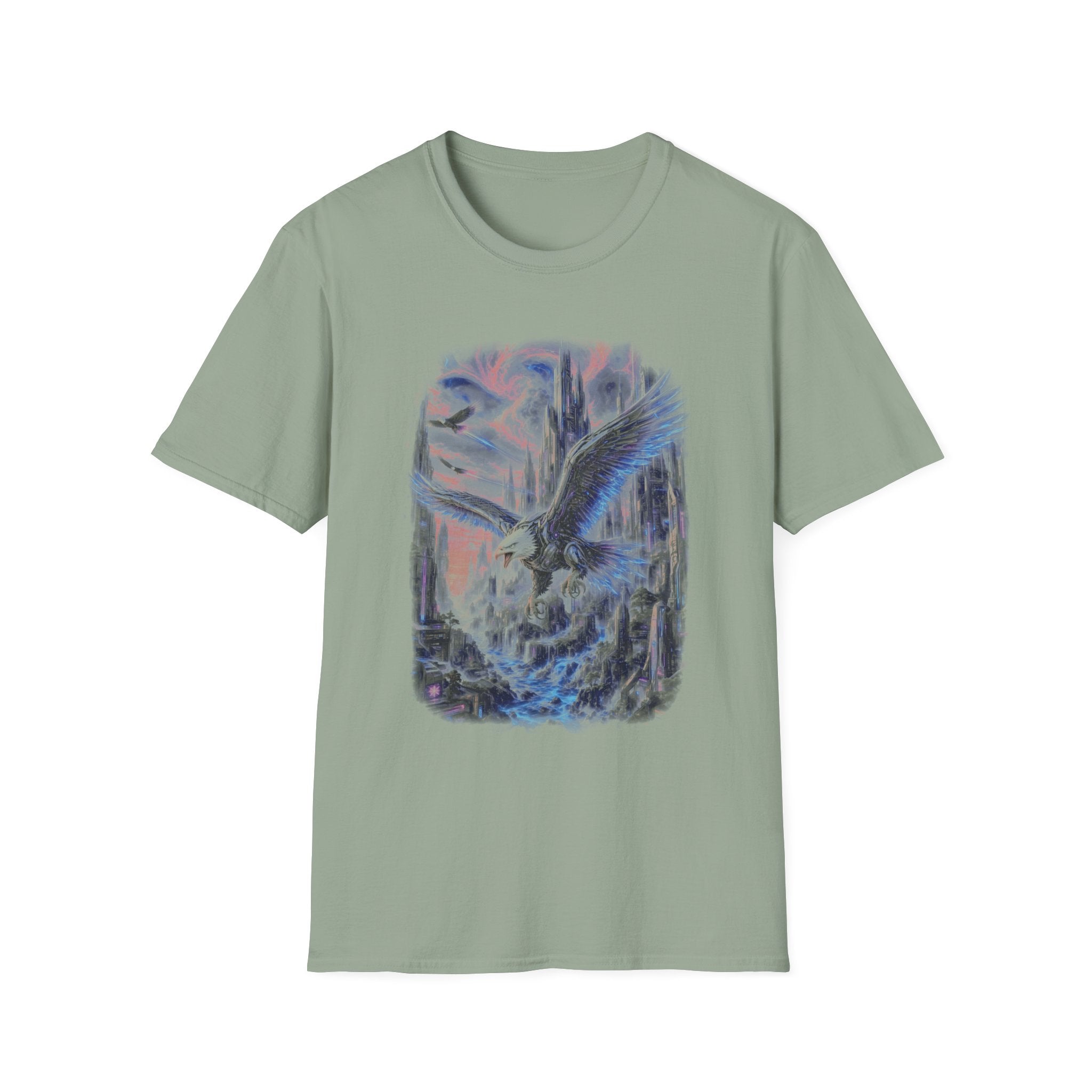 Ethereal Angel Wings T-Shirt — Pastel Sky & Cityscape Graphic