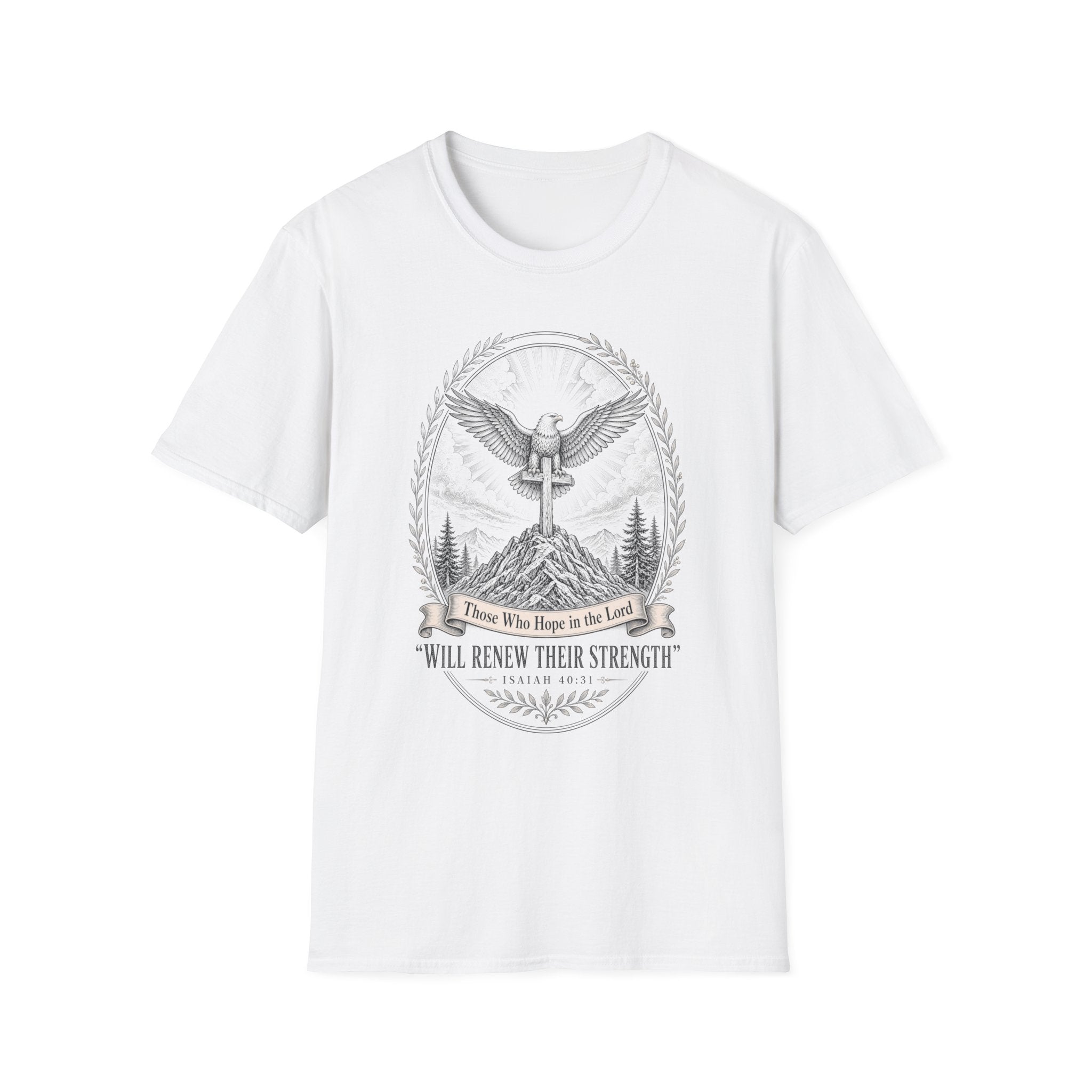T-Shirt — Eagle Forest Emblem Tee with 'I Will Renew Your Strength' Quote