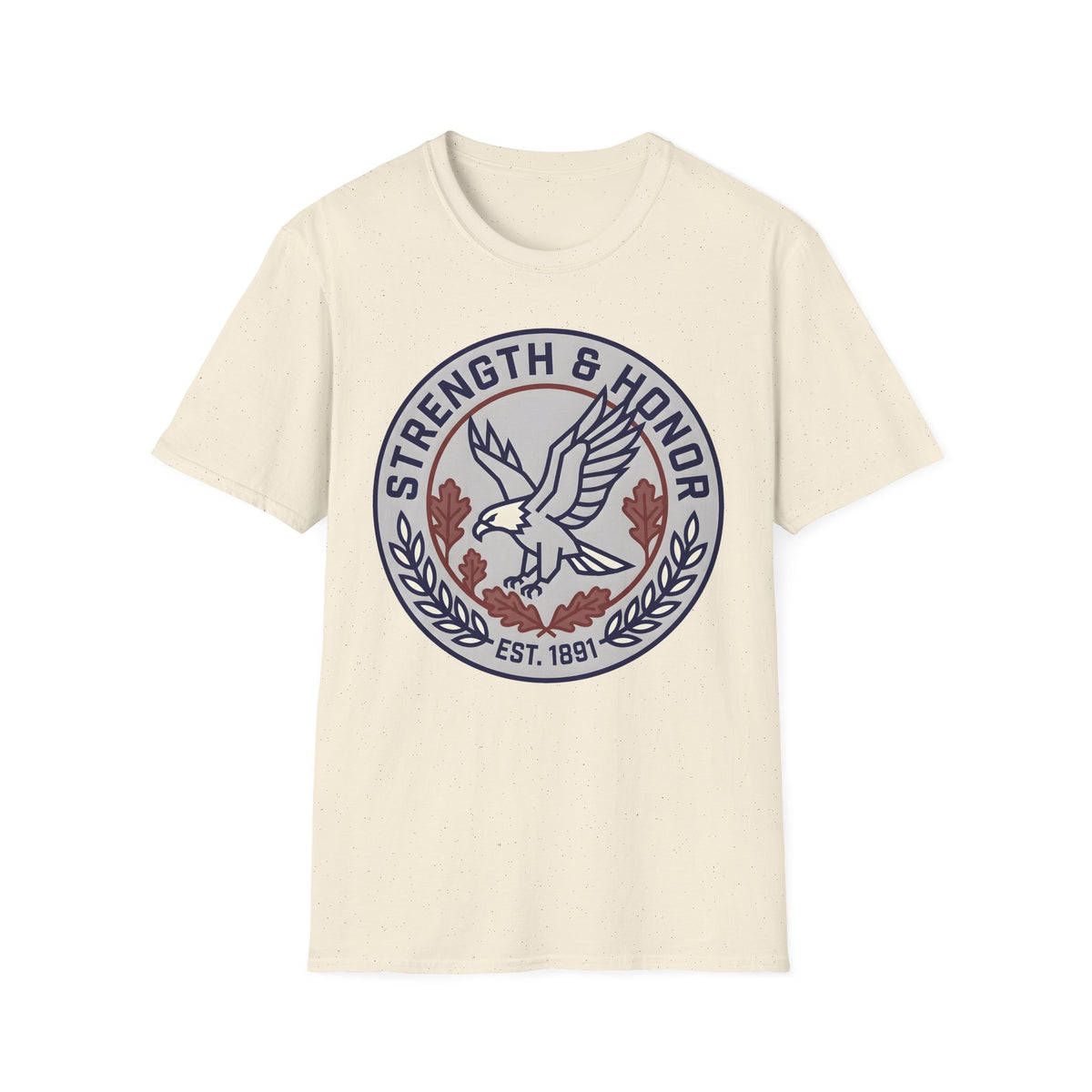 Strength & Honor emblem of a landing eagle with oak leaves and laurel on a Natural unisex T-Shirt