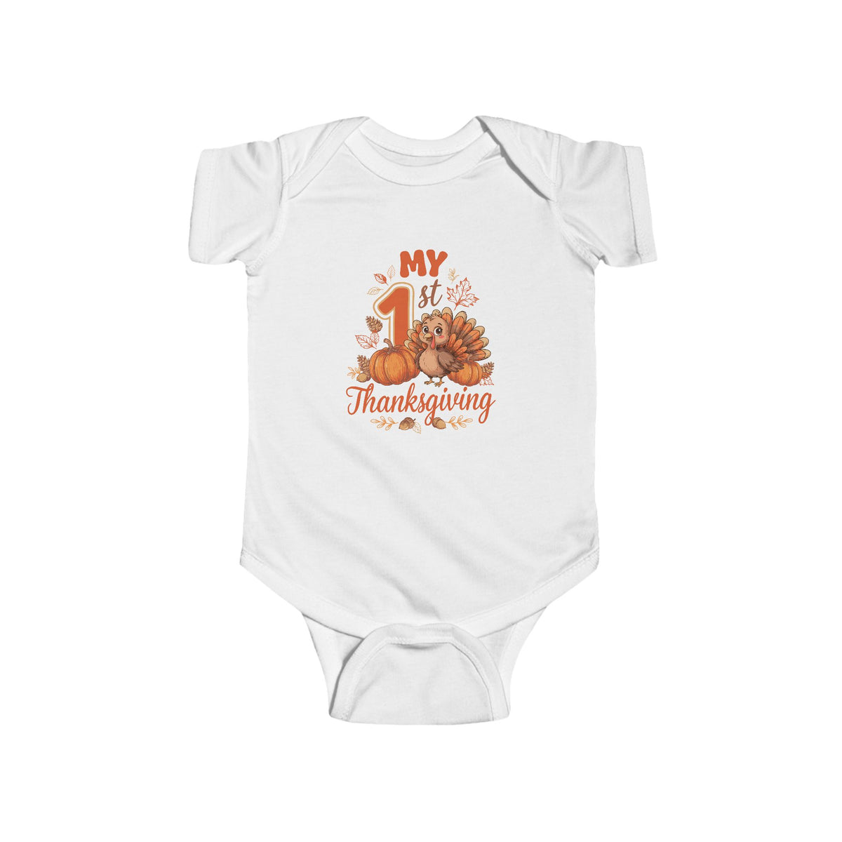 My 1st Thanksgiving turkey and pumpkins design on a White baby bodysuit