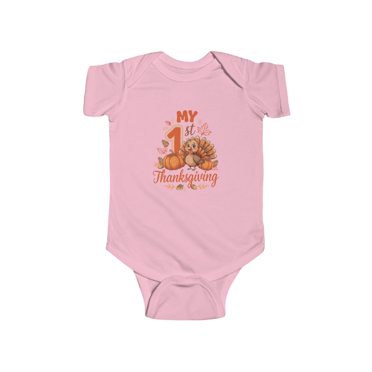 My 1st Thanksgiving turkey and pumpkins design on a Pink baby bodysuit