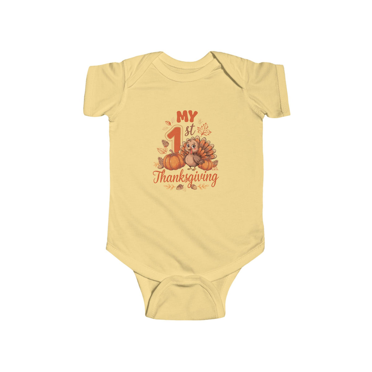 My 1st Thanksgiving turkey and pumpkins design on a Butter baby bodysuit