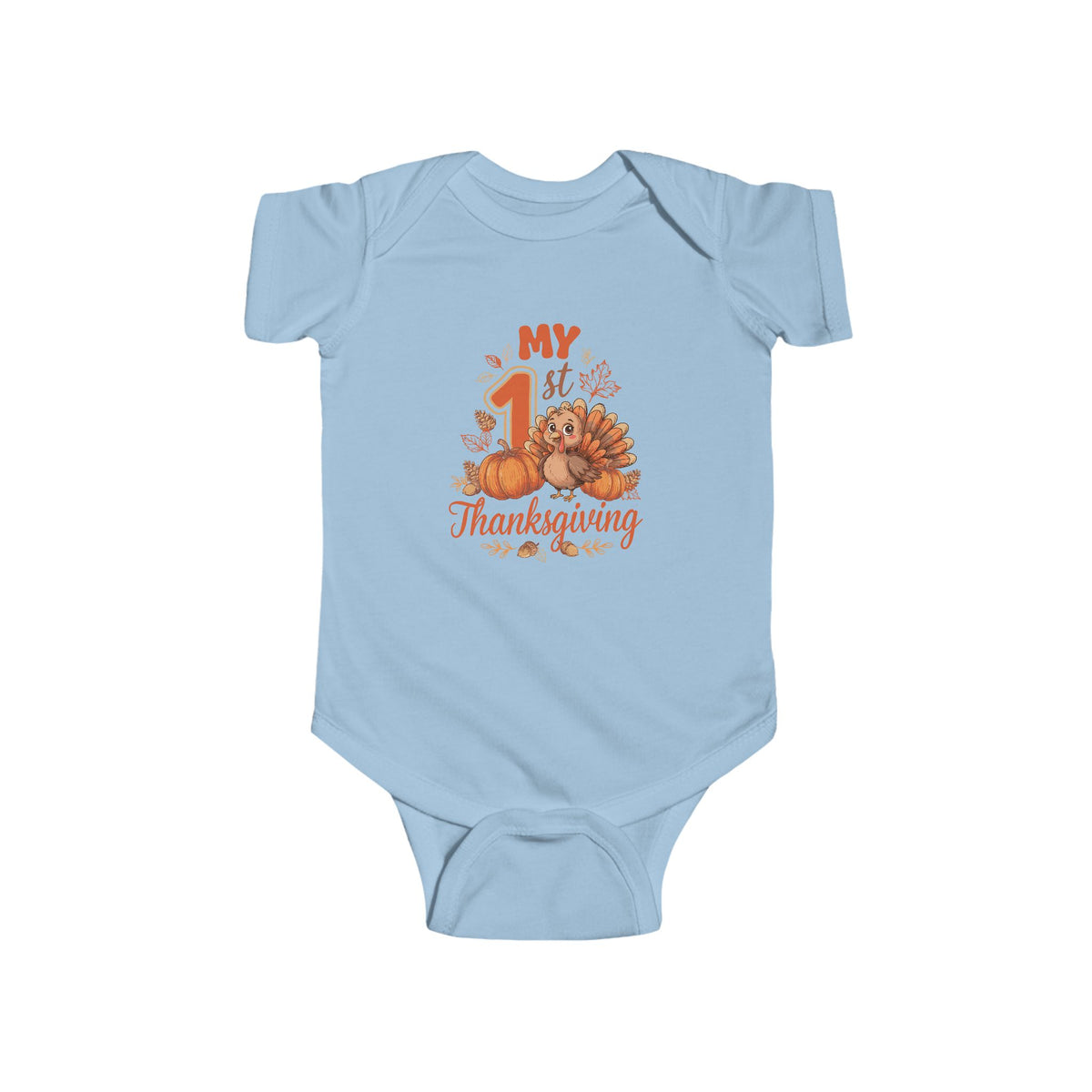 My 1st Thanksgiving turkey and pumpkins design on a Light Blue baby bodysuit