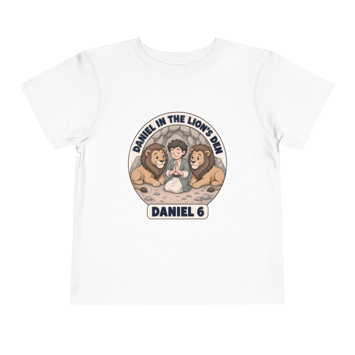 Circular badge of Daniel praying between two lions, Daniel in the Lion's Den Daniel 6 design on a White toddler T-Shirt