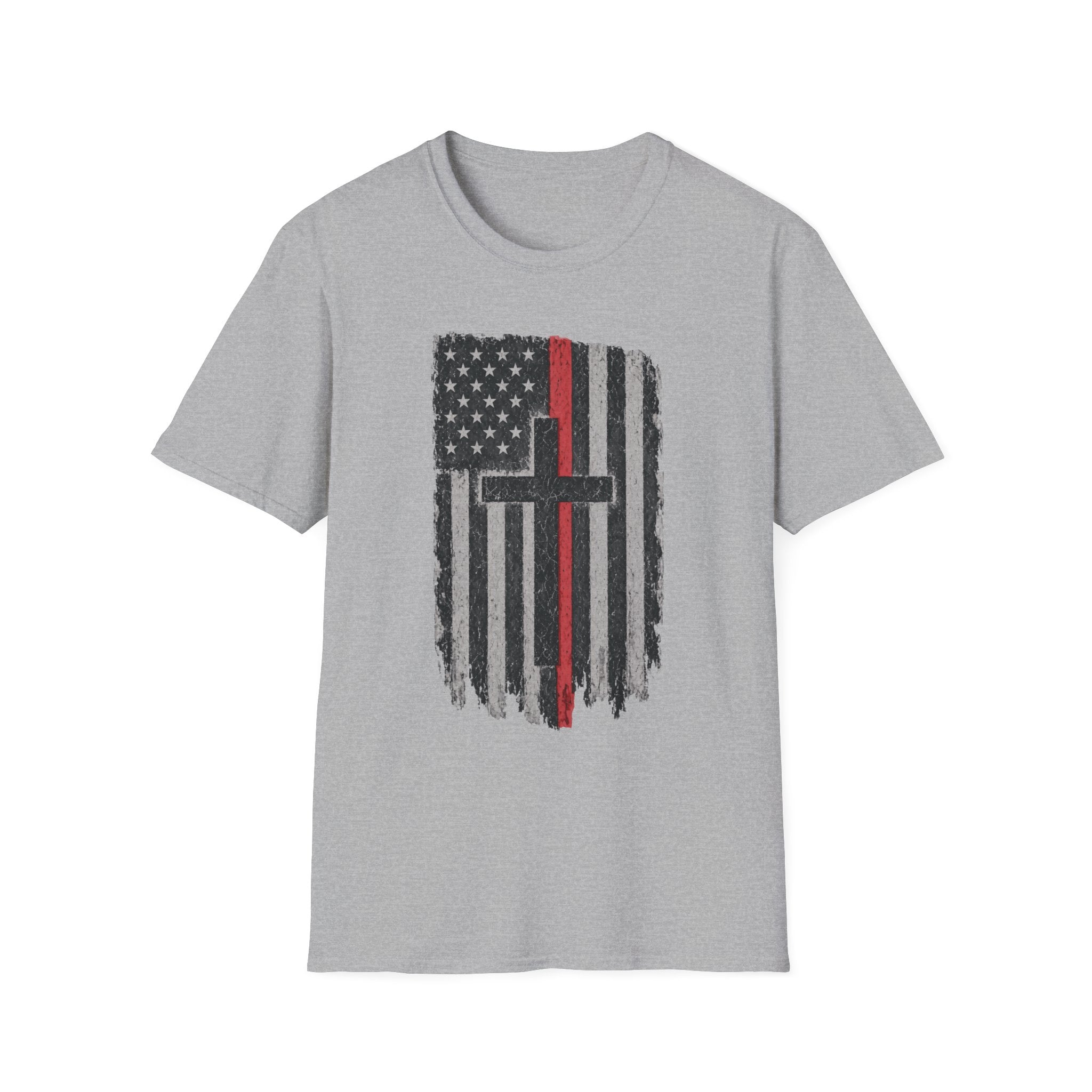 Distressed Thin Red Line American Flag Cross T‑Shirt — Firefighter Tribute Tee